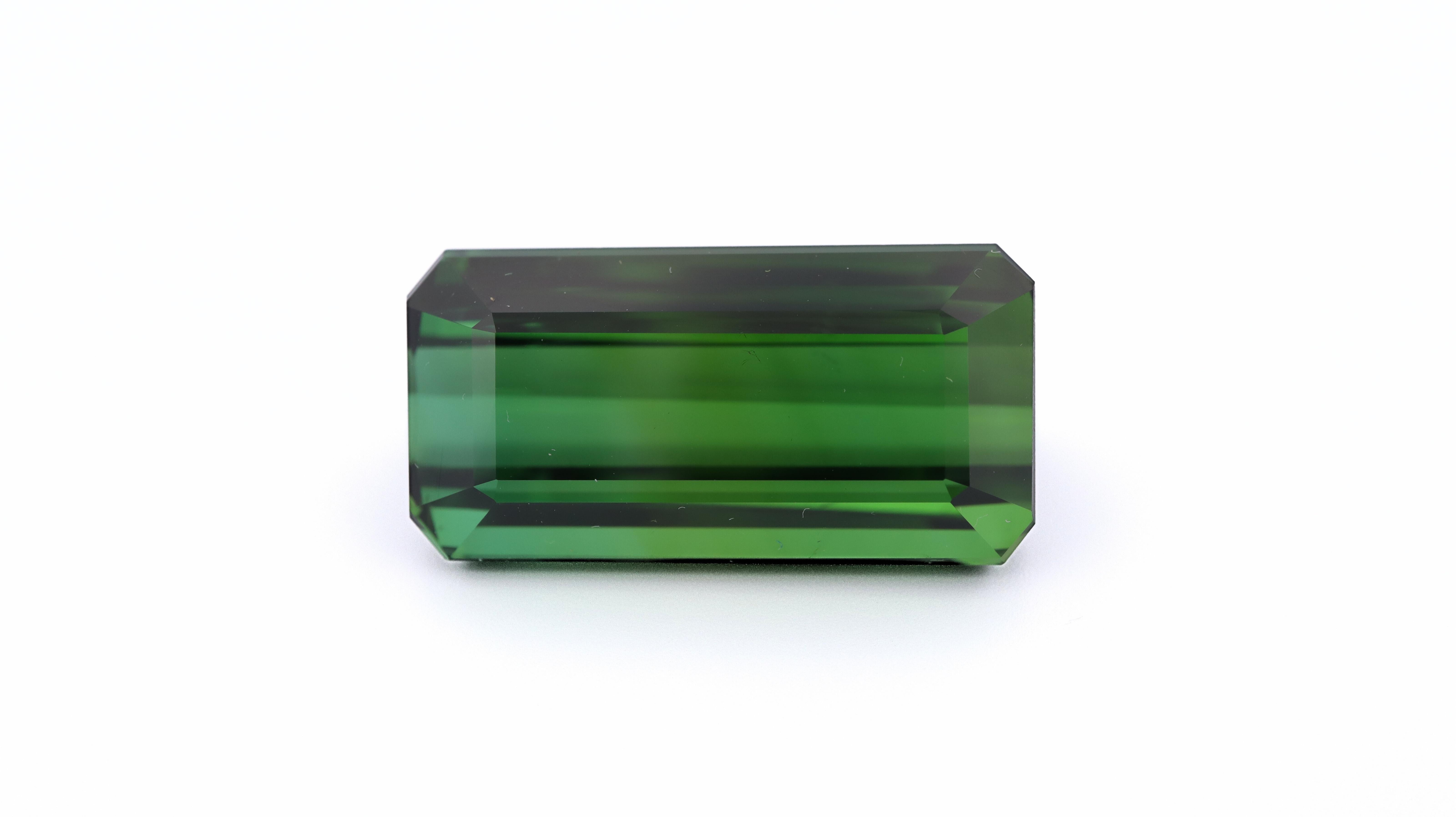 Tourmalines are one of the worlds most colorful gemstones, available in a wide variety of colors and tones. This stones are mined in various parts of the globe and this particular one acquired in Brazil. 
It is a beautiful and large Vivid Green