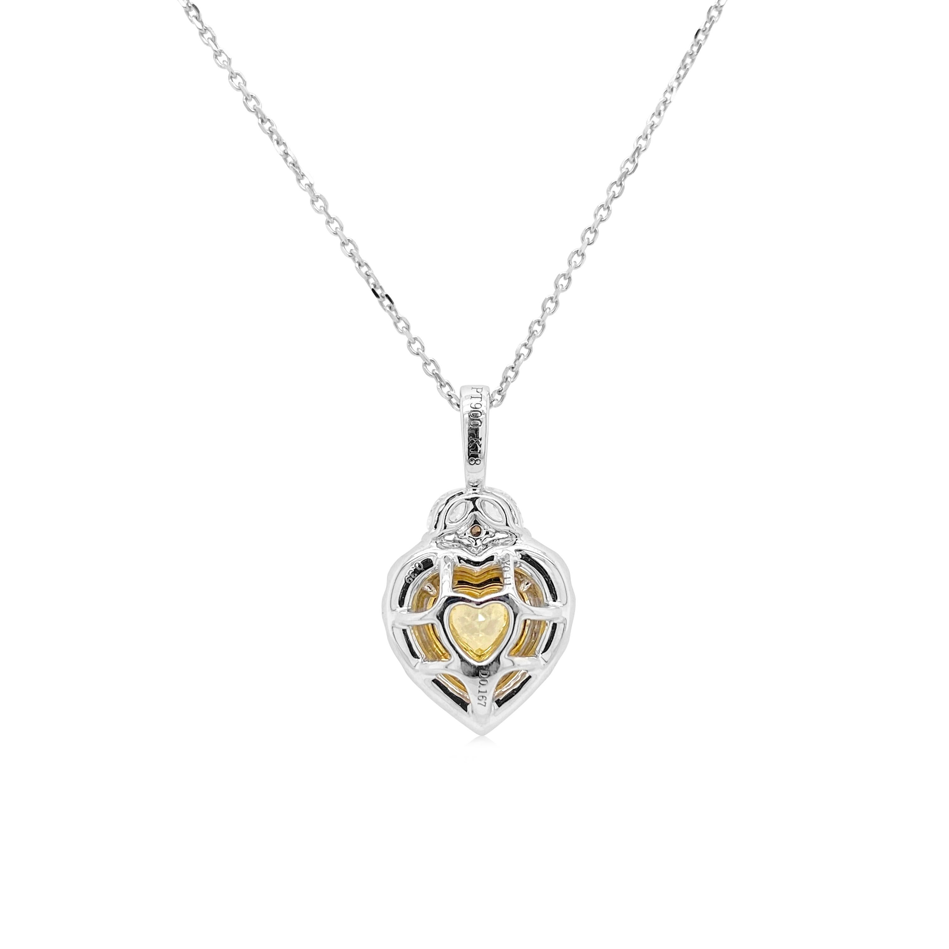 Contemporary Certified Yellow and White diamond Heart shape Pendant with Platinum Chain For Sale