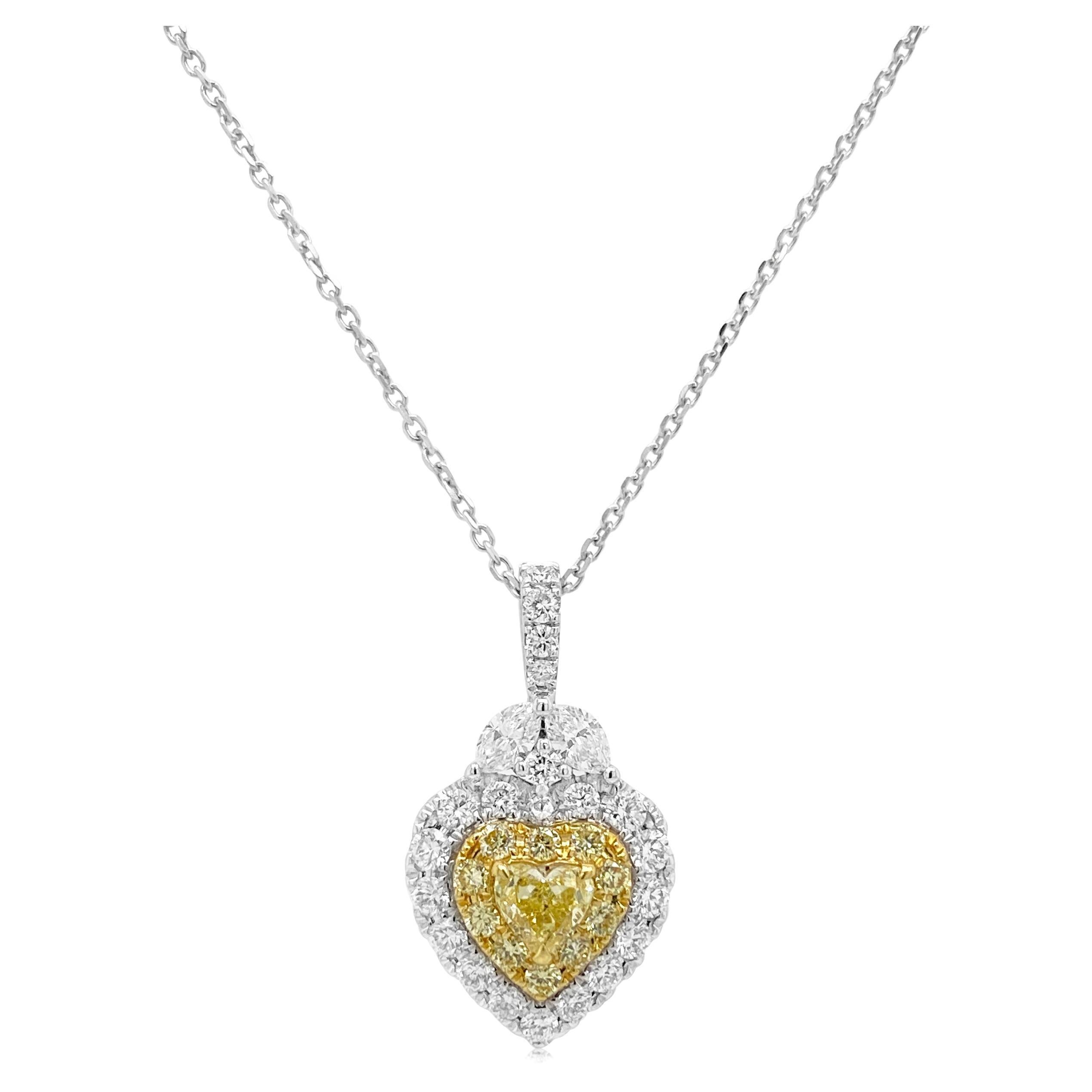 Certified Yellow and White diamond Heart shape Pendant with Platinum Chain For Sale
