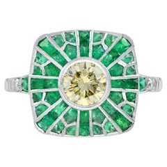 Certified Yellow Diamond and Emerald Halo Cushion Shaped Ring in 18K White Gold Certified Yellow Diamond and Emerald Halo Cushion Shaped Ring in 18K White Gold