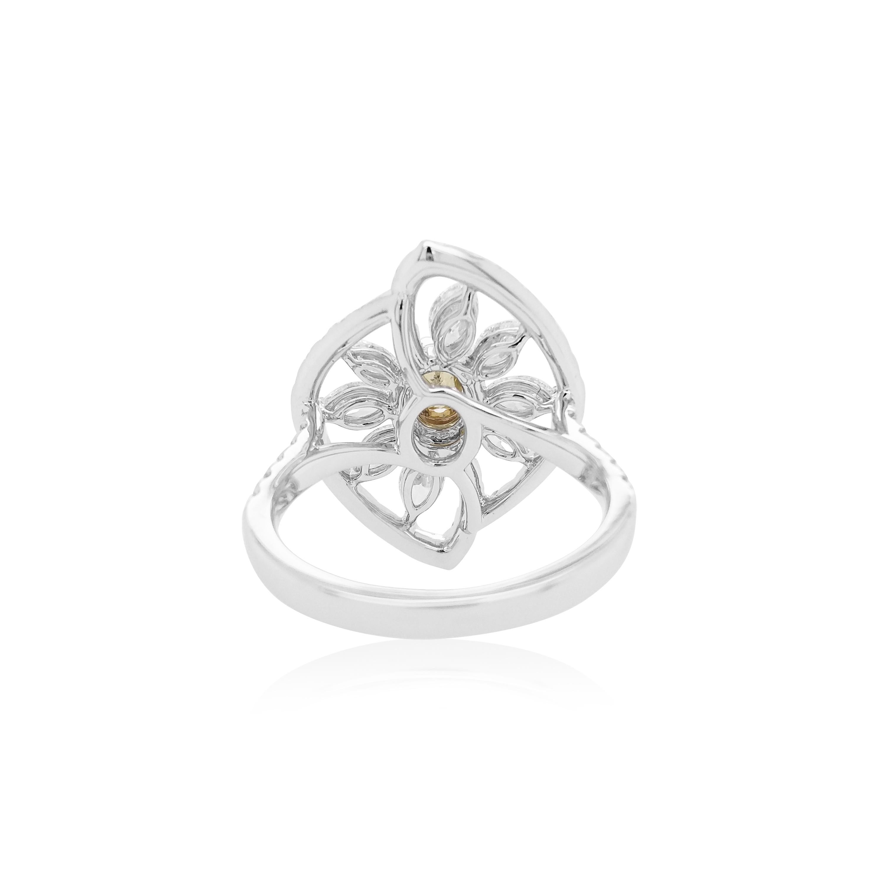 This striking 18K gold ring features beautiful Yellow diamond at the centre, surrounded by a bold pattern of marquise and round diamonds which enables the light to sparkle in a unique way. Set in luxurious 18 Karat white and yellow gold to provide a