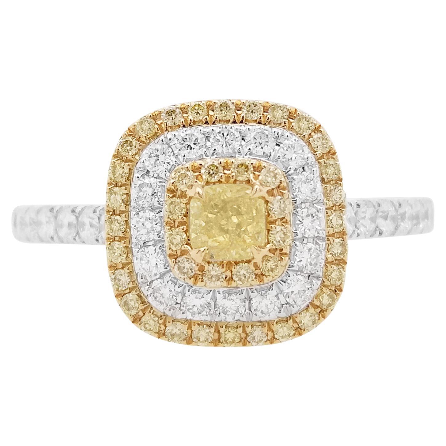 Bague de fiançailles en or 18 carats avec diamant jaune certifié et diamant blanc