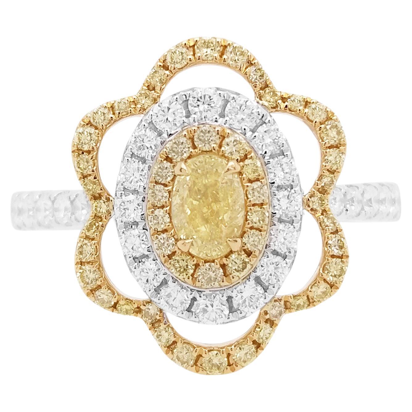 Bague de fiançailles en or 18 carats avec diamant jaune certifié et diamant blanc