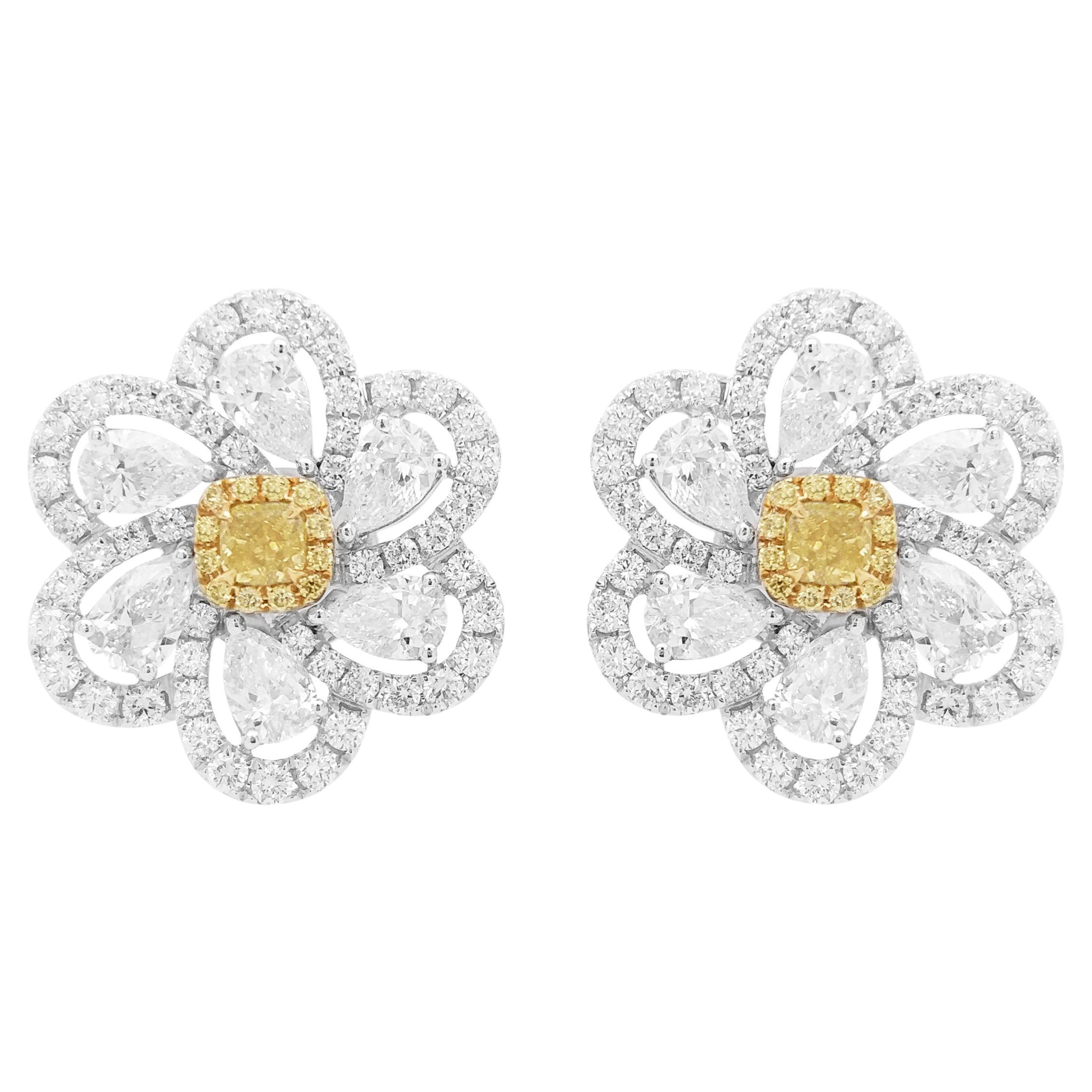 Certified Yellow Diamond White Diamond 18K Gold Stud Earrings