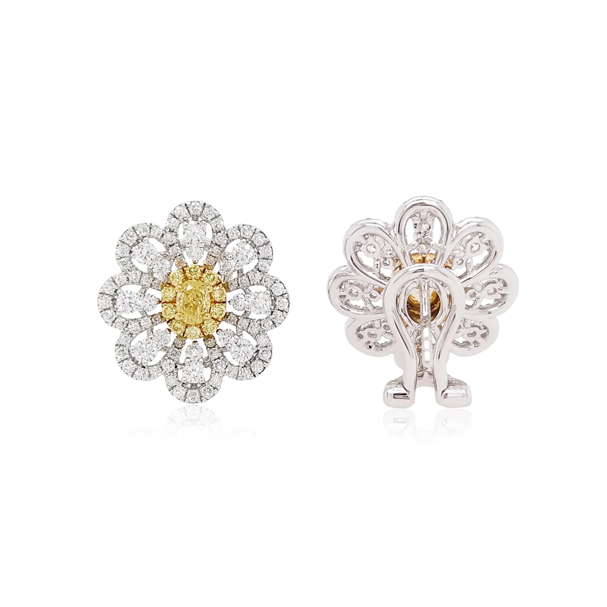 Contemporary Certified Yellow Diamond and White Diamond in 18K Gold Clip Earrings