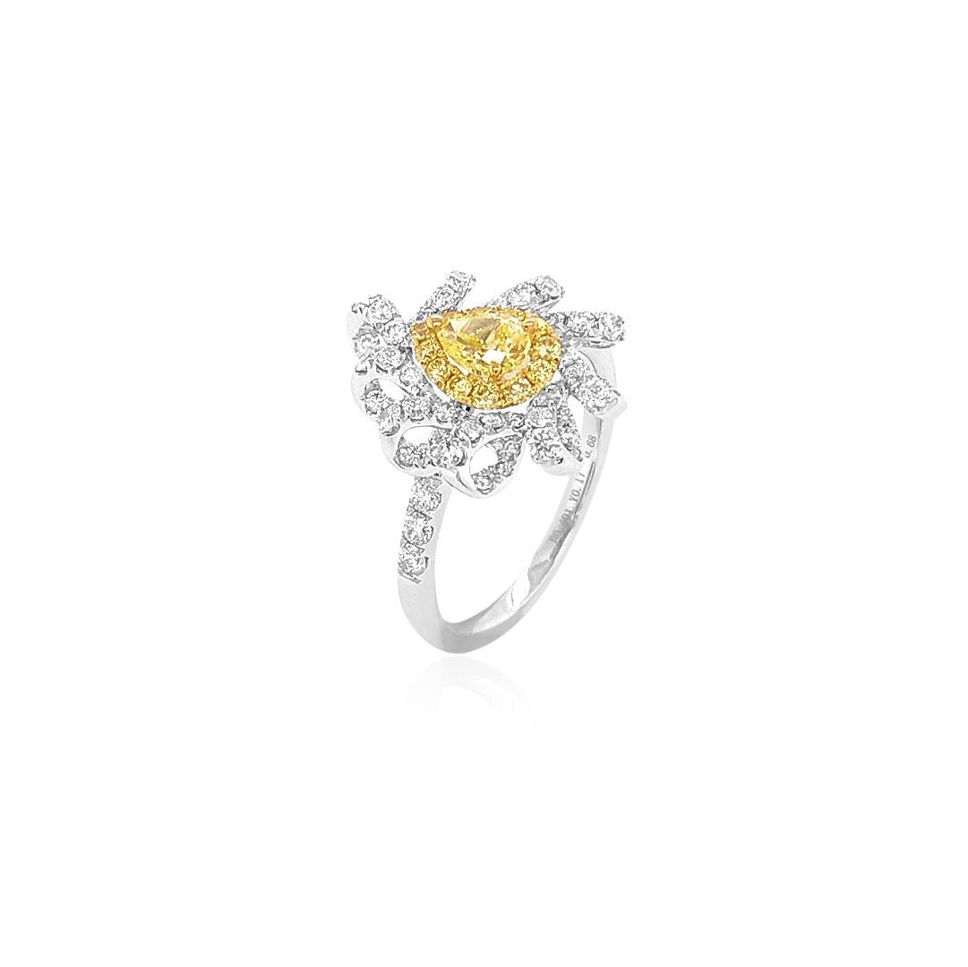 Pear Cut Certified Yellow Diamond and White Diamond in Platinum Cocktail Ring