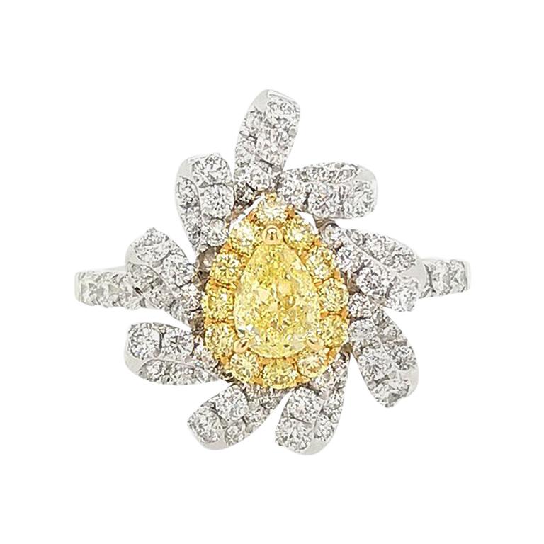 Certified Yellow Diamond and White Diamond in Platinum Cocktail Ring