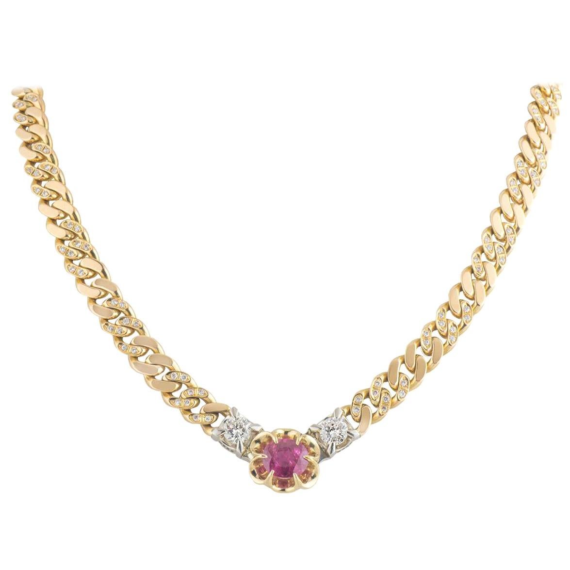 Certified Yellow Gold Ruby and Diamond Necklace