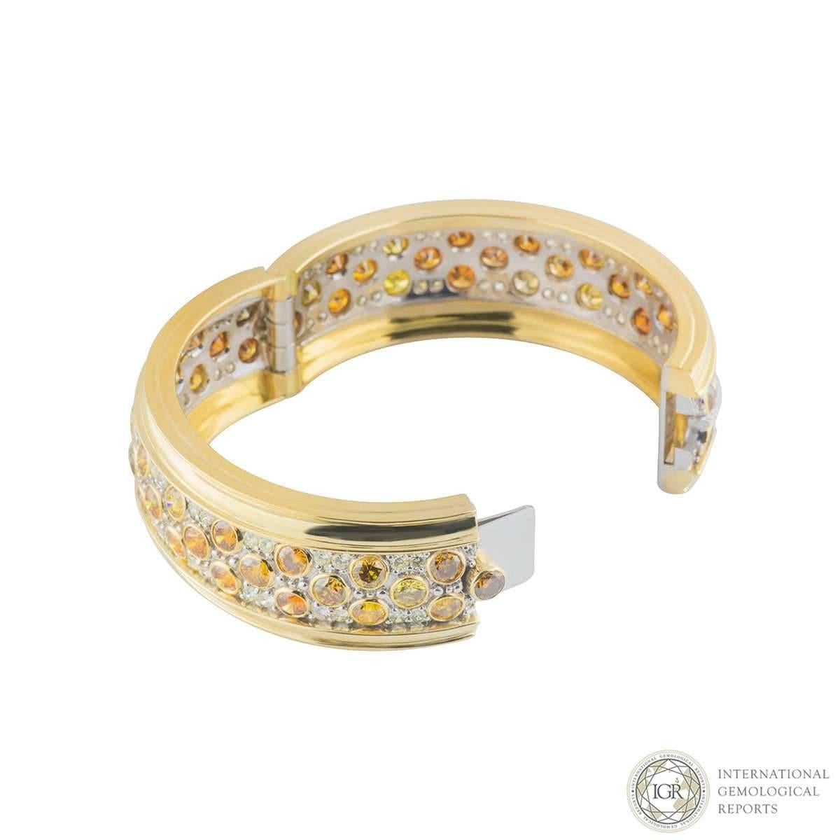 Round Cut Certified Yellow Gold White and Fancy Yellow Diamond Bangle 25.05 Carat