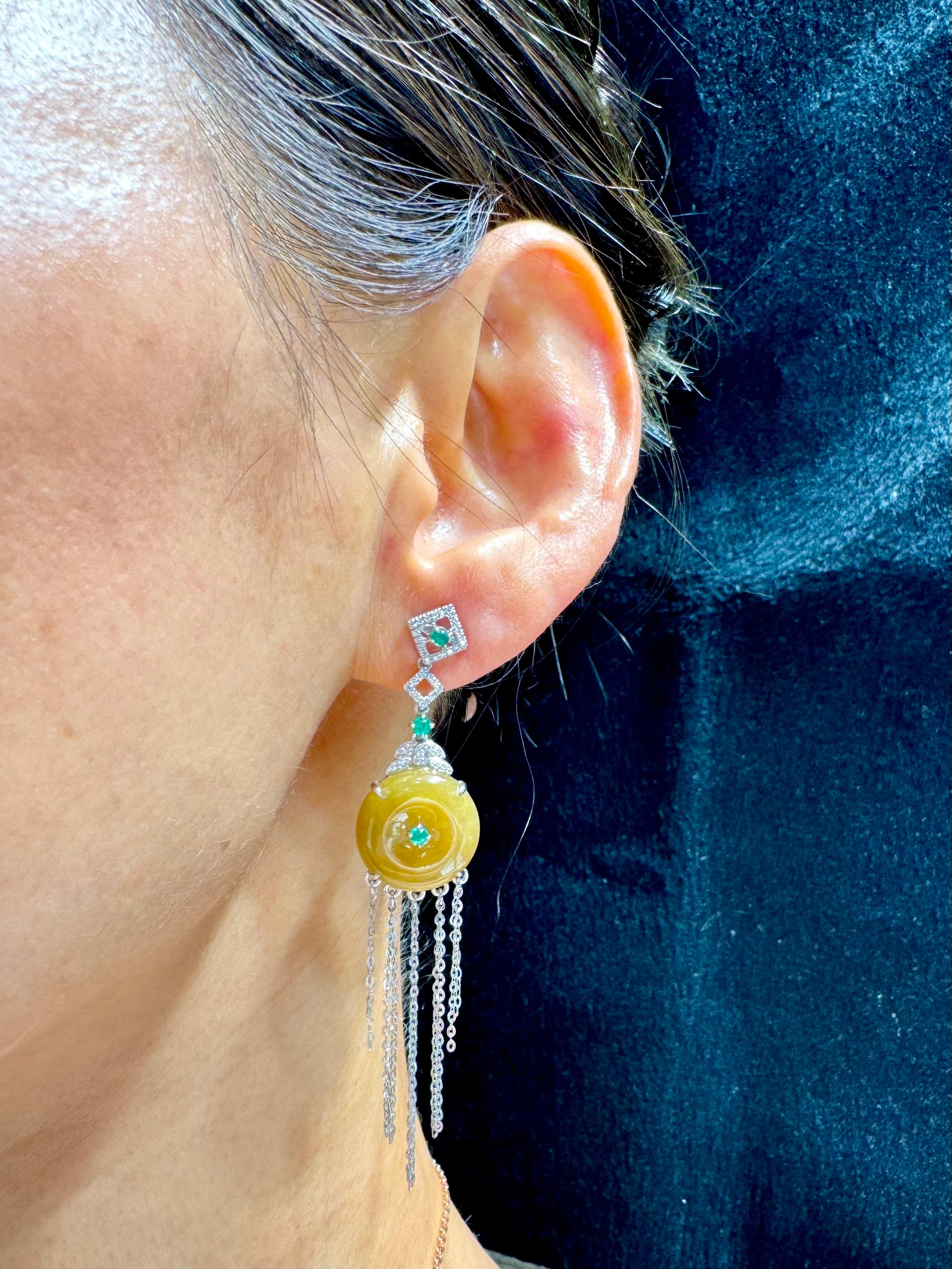 Certified yellow Icy Jade Discs, Emeralds & Diamond Drop Earrings. Rare color! For Sale 5