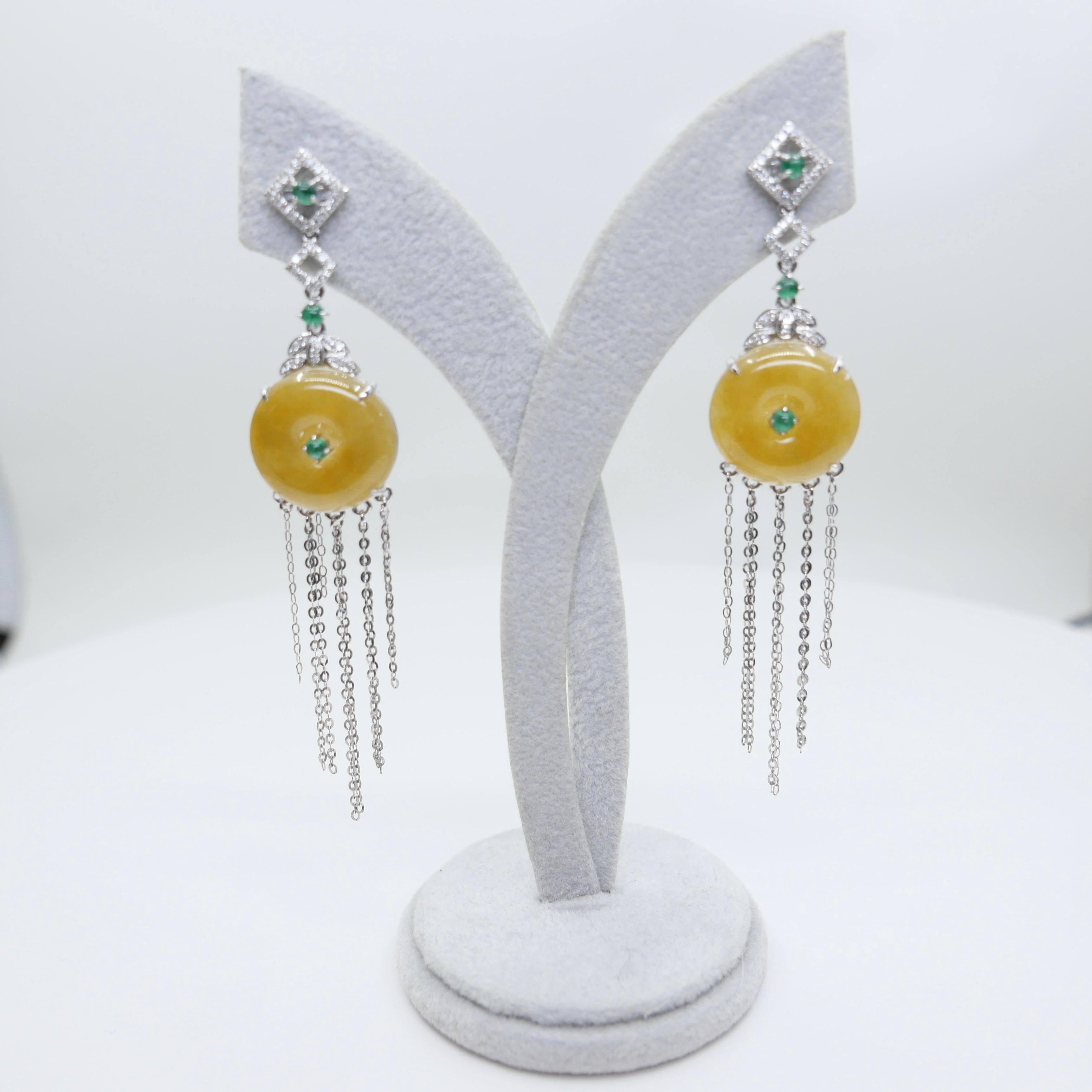 Certified yellow Icy Jade Discs, Emeralds & Diamond Drop Earrings. Rare color! For Sale 6