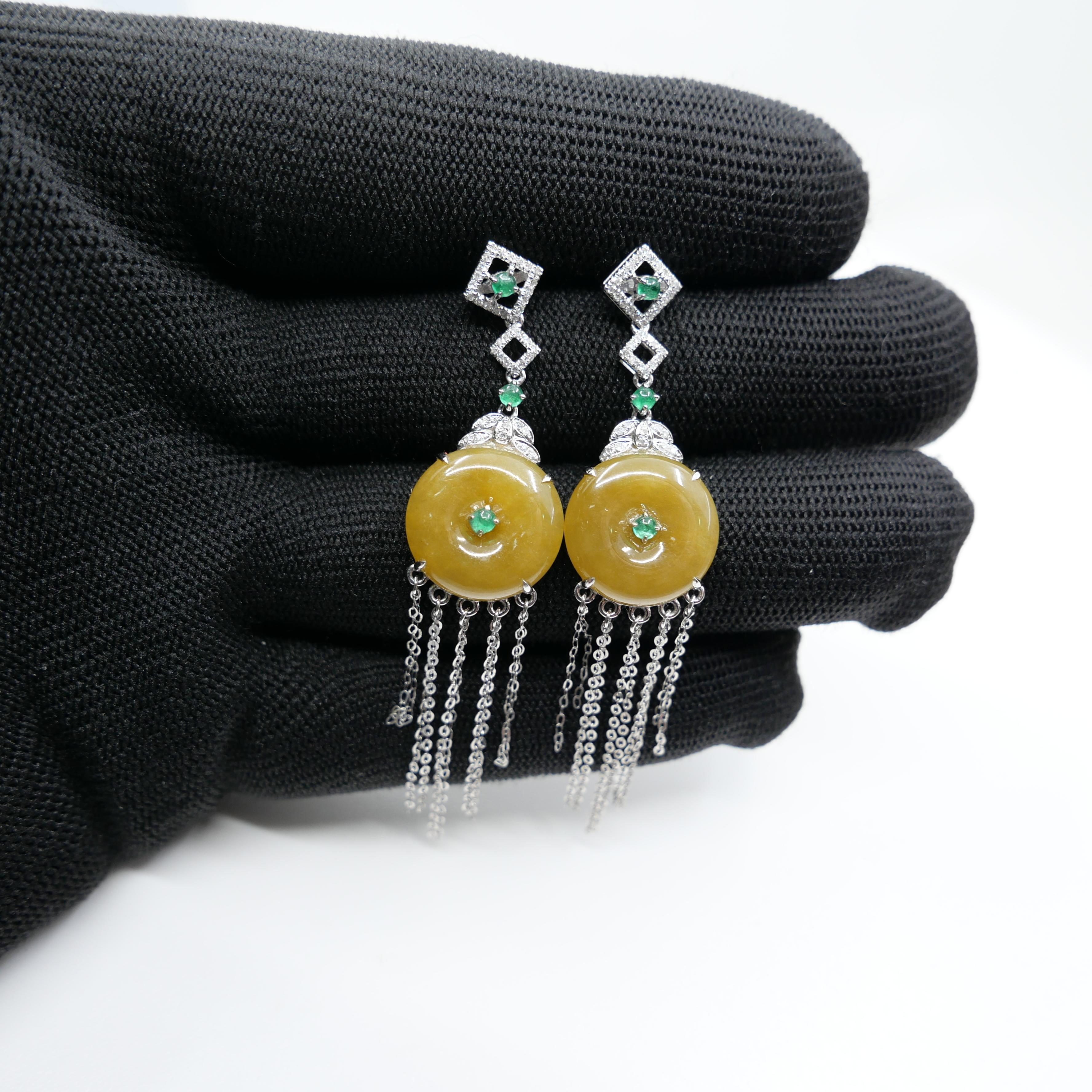 Certified yellow Icy Jade Discs, Emeralds & Diamond Drop Earrings. Rare color! For Sale 7
