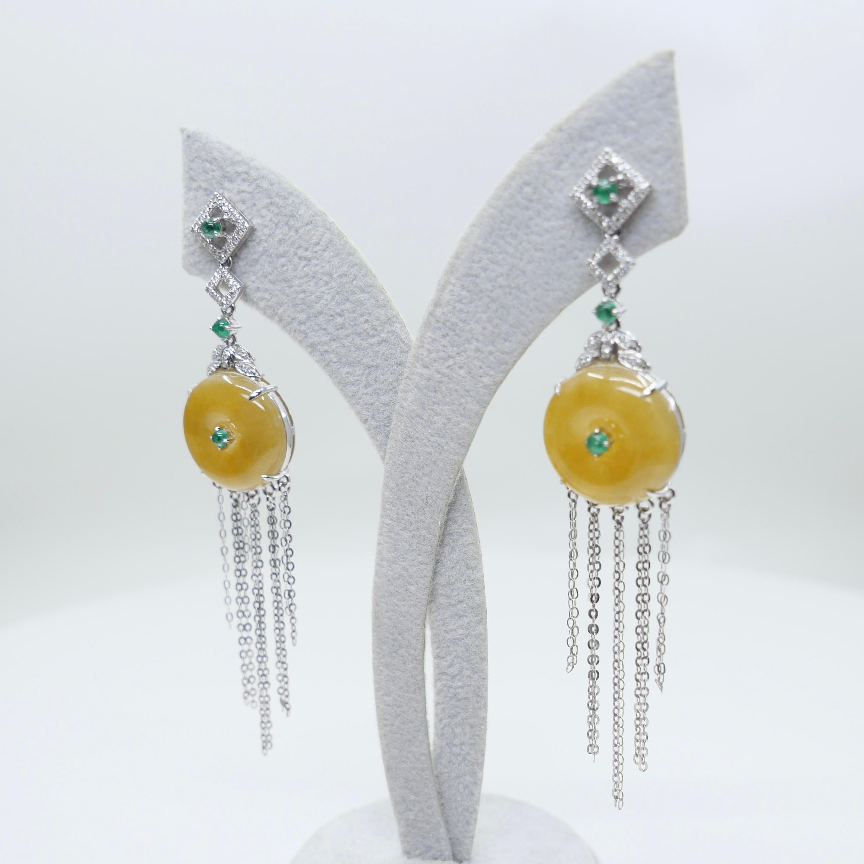 Certified yellow Icy Jade Discs, Emeralds & Diamond Drop Earrings. Rare color! For Sale 8