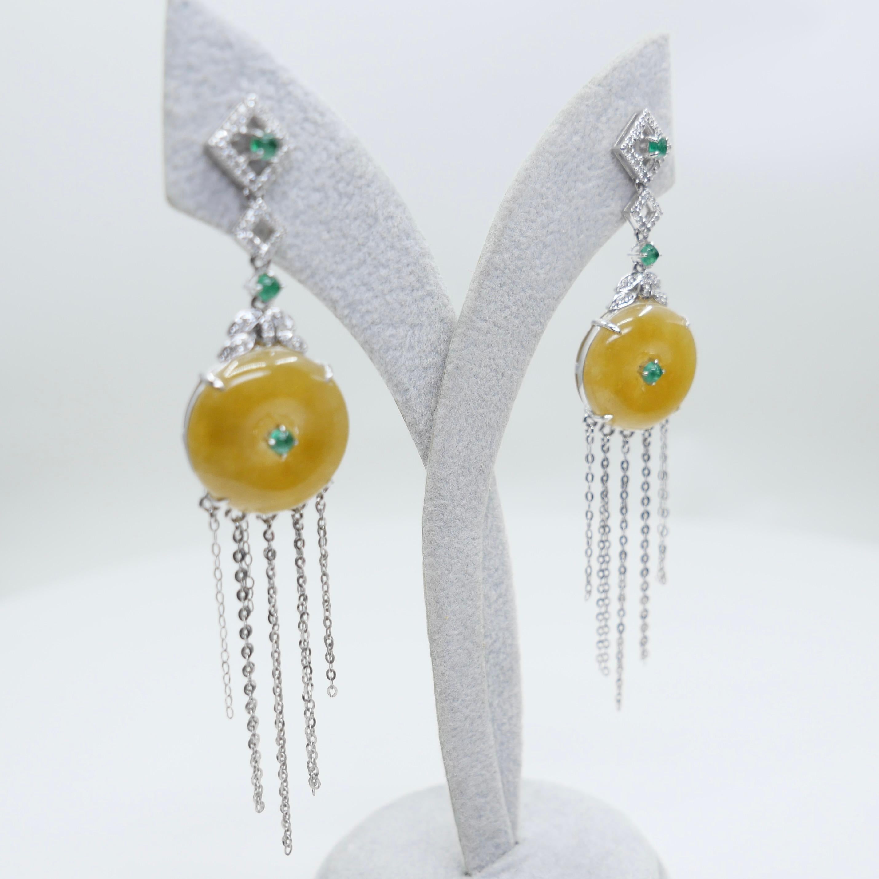 Certified yellow Icy Jade Discs, Emeralds & Diamond Drop Earrings. Rare color! For Sale 9