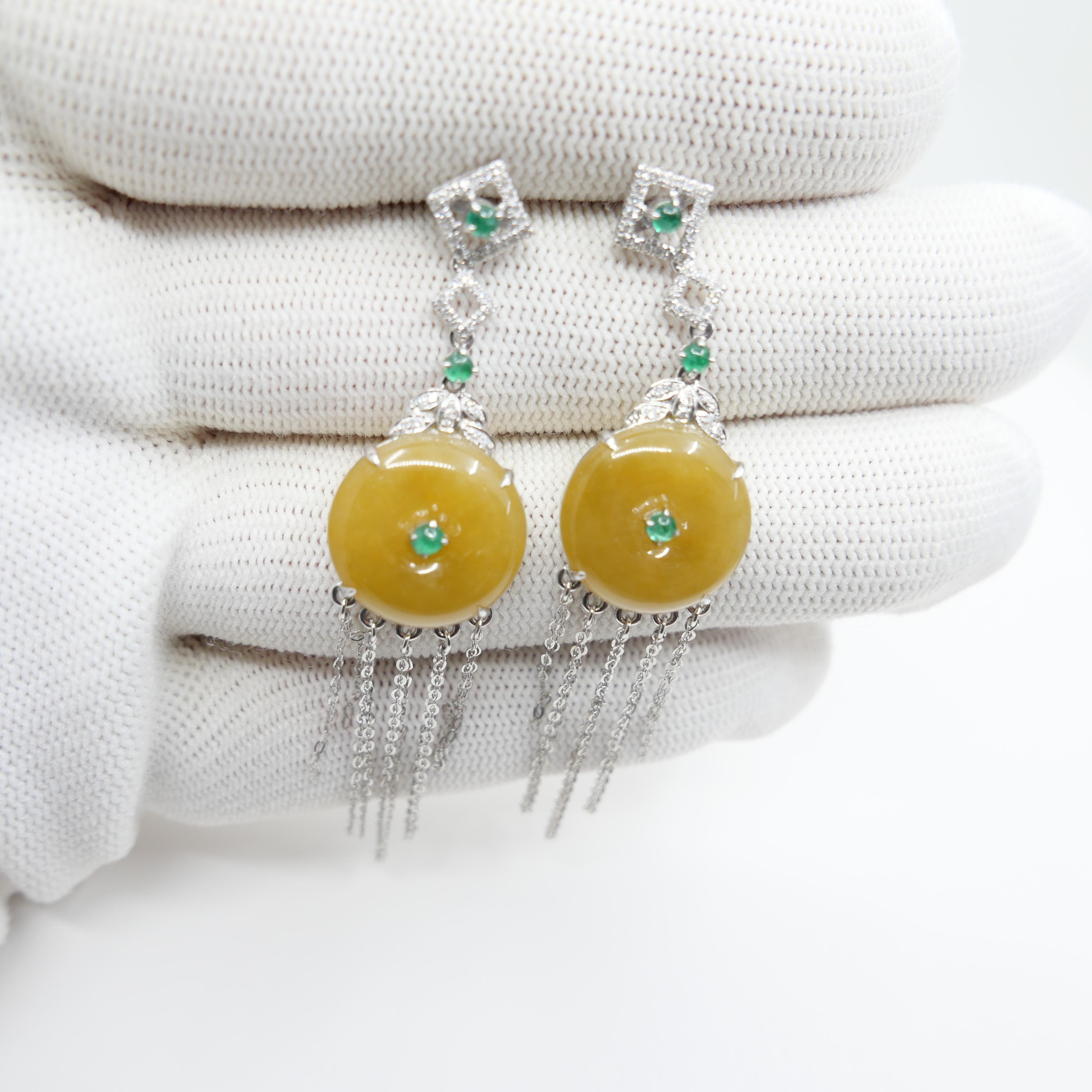 Certified yellow Icy Jade Discs, Emeralds & Diamond Drop Earrings. Rare color! For Sale 10