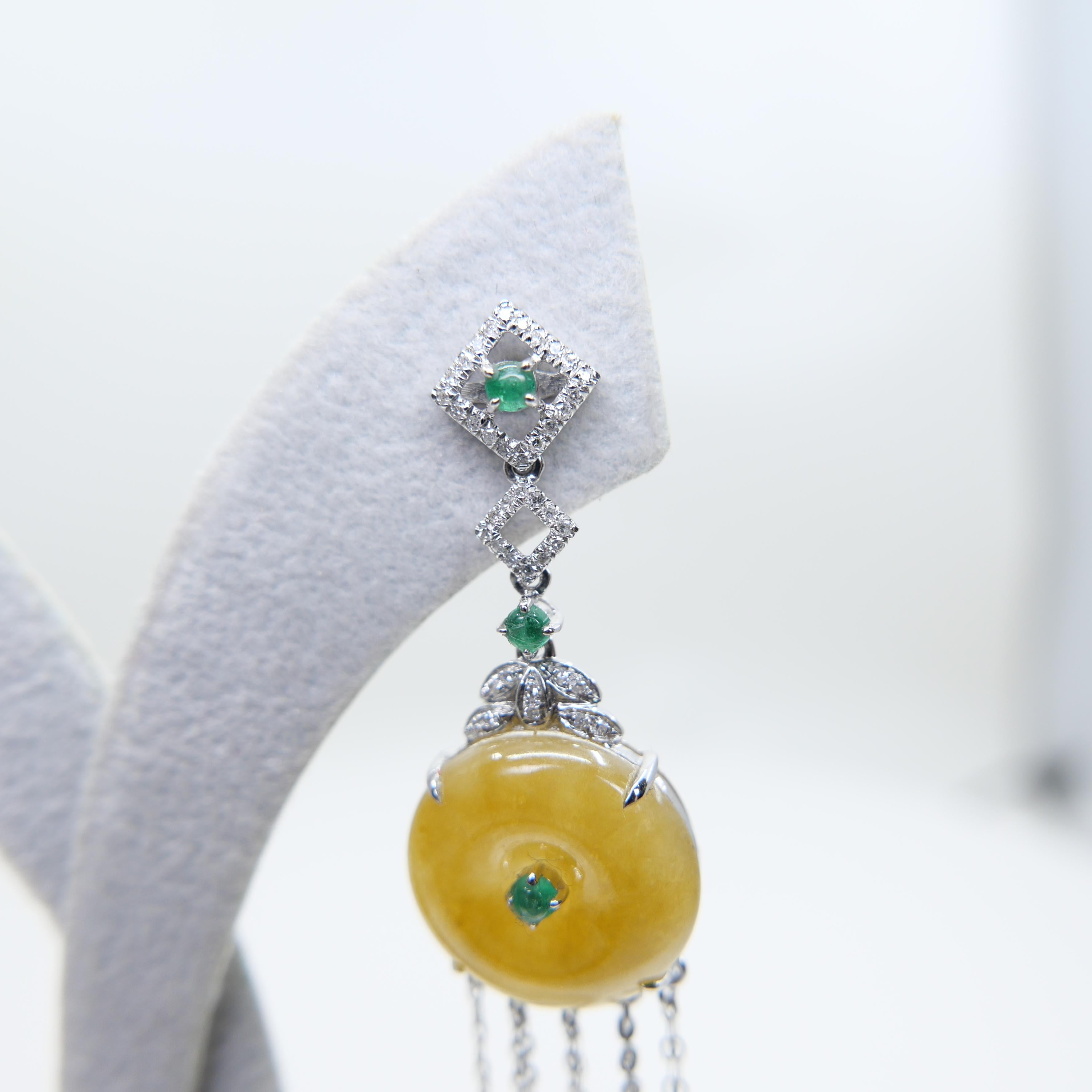 Certified yellow Icy Jade Discs, Emeralds & Diamond Drop Earrings. Rare color! For Sale 11