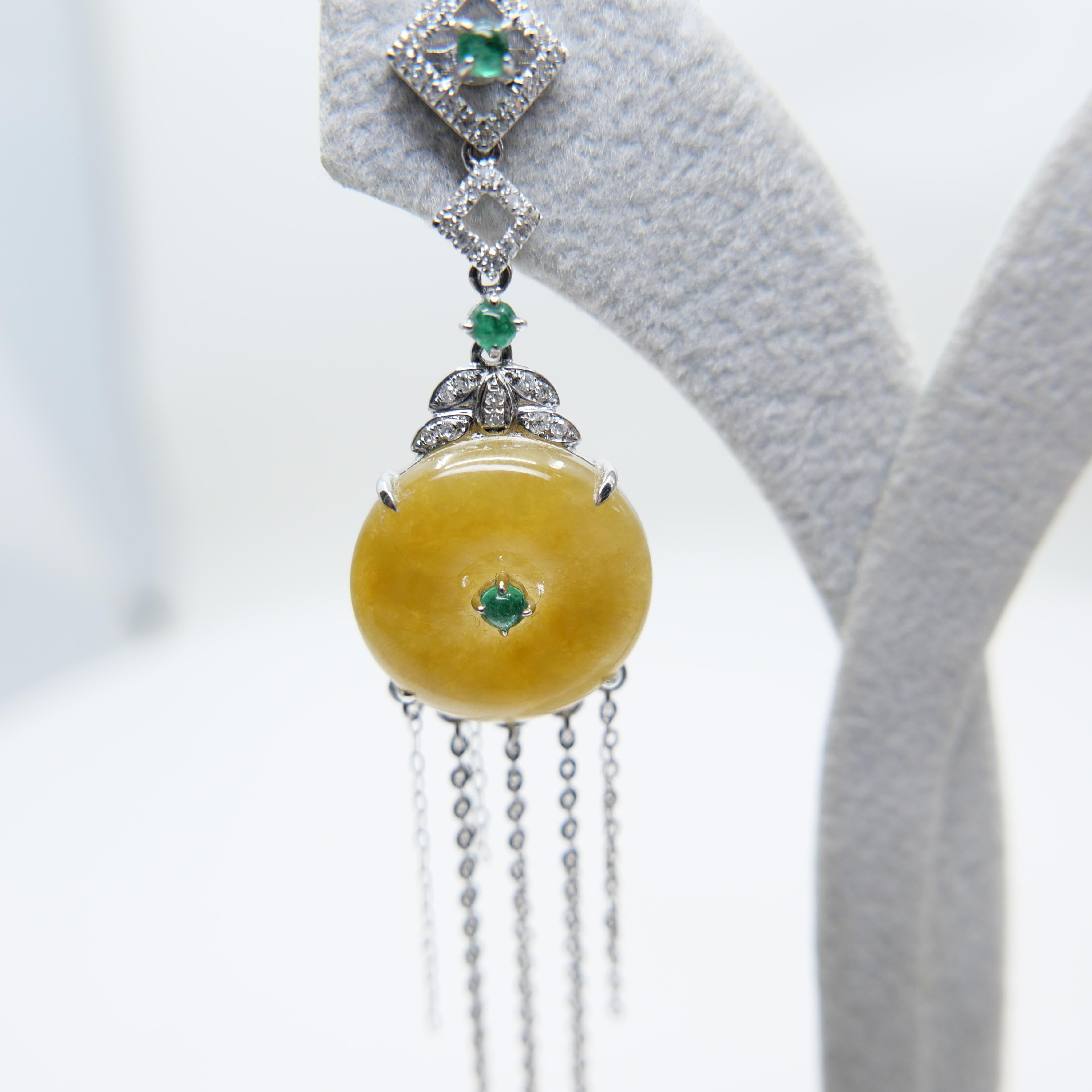Certified yellow Icy Jade Discs, Emeralds & Diamond Drop Earrings. Rare color! For Sale 12