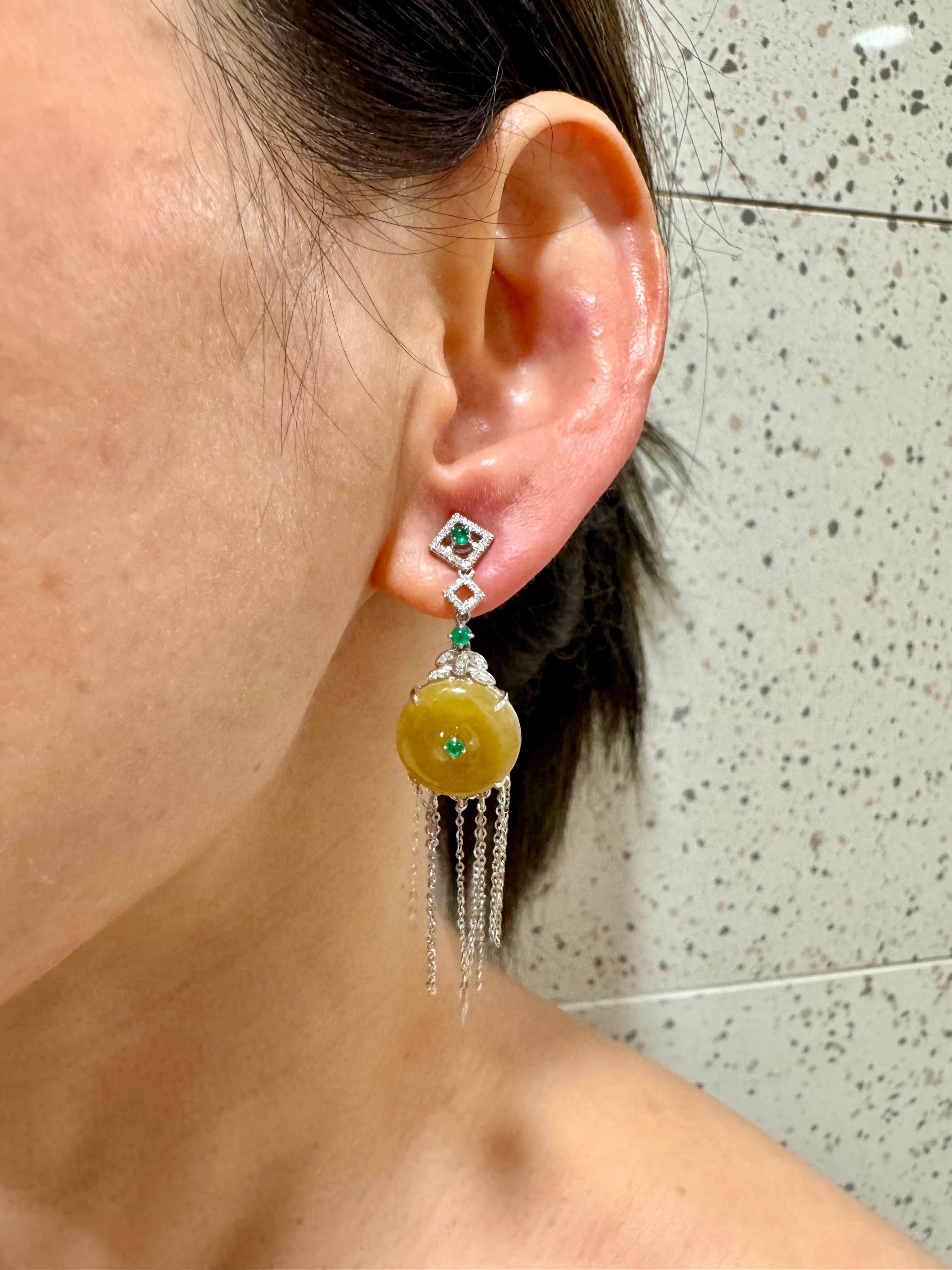 Certified yellow Icy Jade Discs, Emeralds & Diamond Drop Earrings. Rare color! For Sale 13