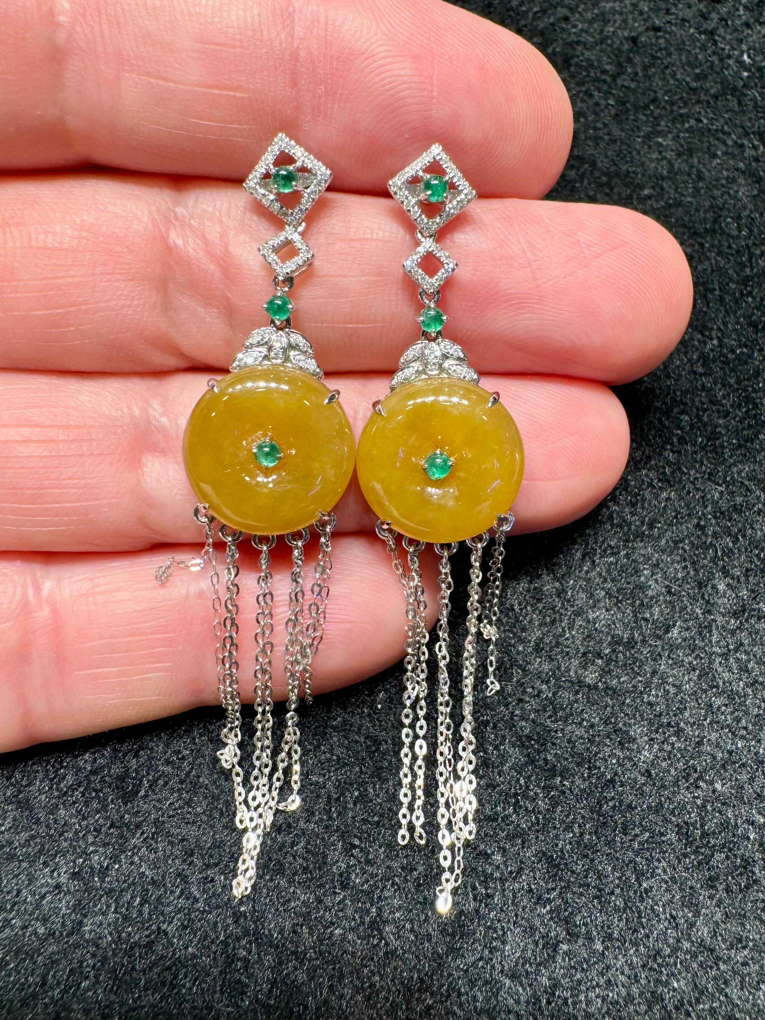 Round Cut Certified yellow Icy Jade Discs, Emeralds & Diamond Drop Earrings. Rare color! For Sale