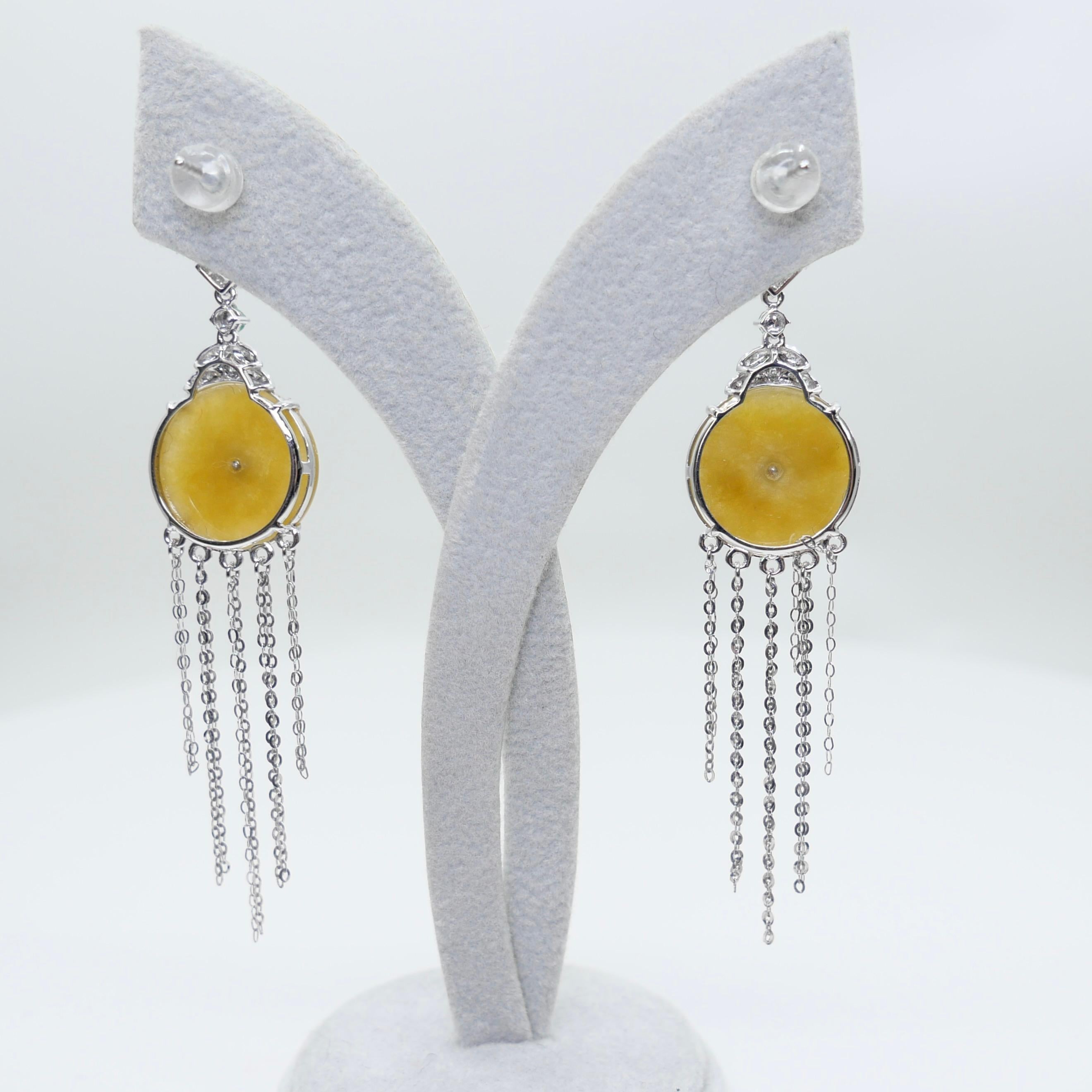 Certified yellow Icy Jade Discs, Emeralds & Diamond Drop Earrings. Rare color! For Sale 1