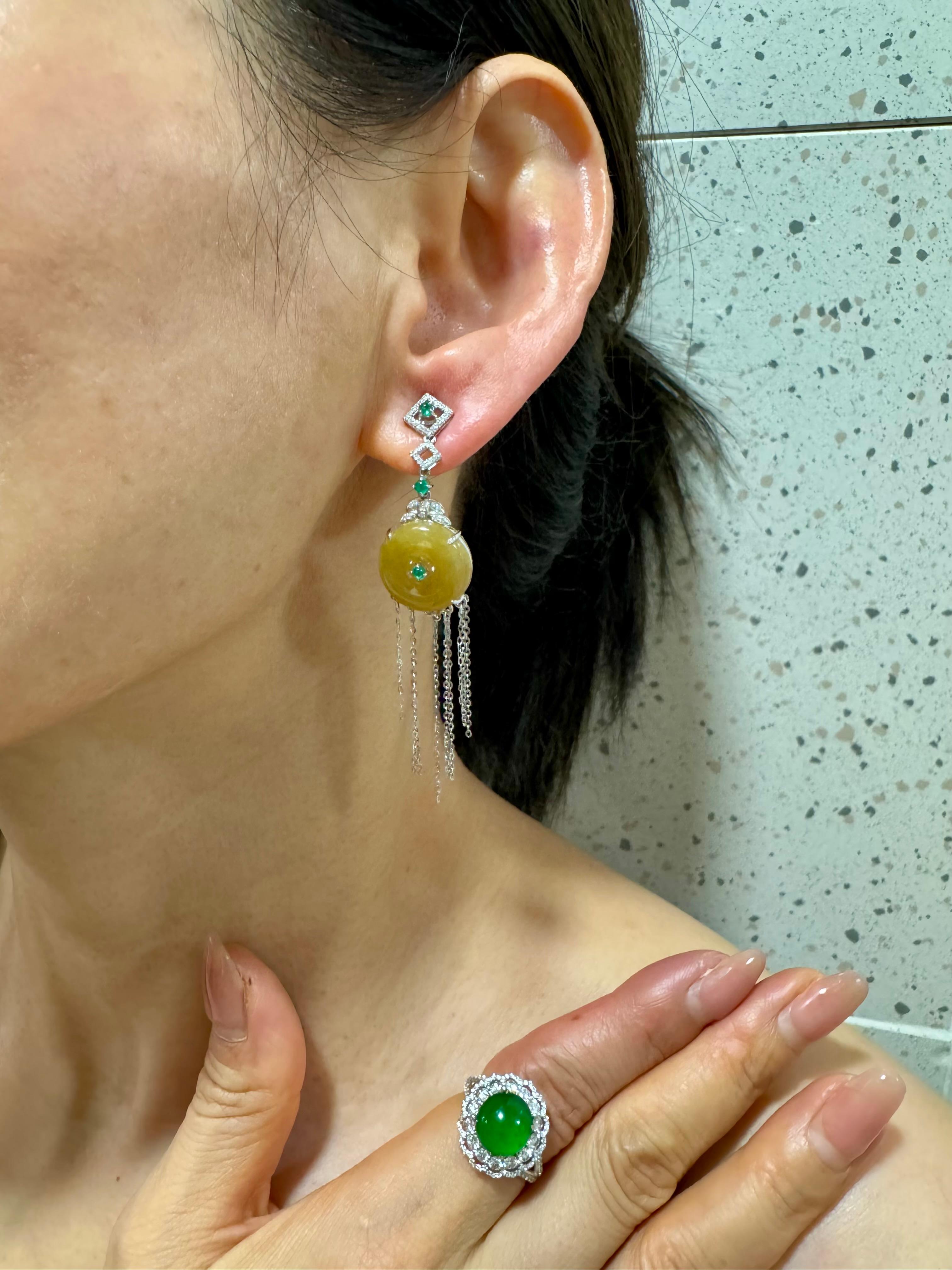 Certified yellow Icy Jade Discs, Emeralds & Diamond Drop Earrings. Rare color! For Sale 2