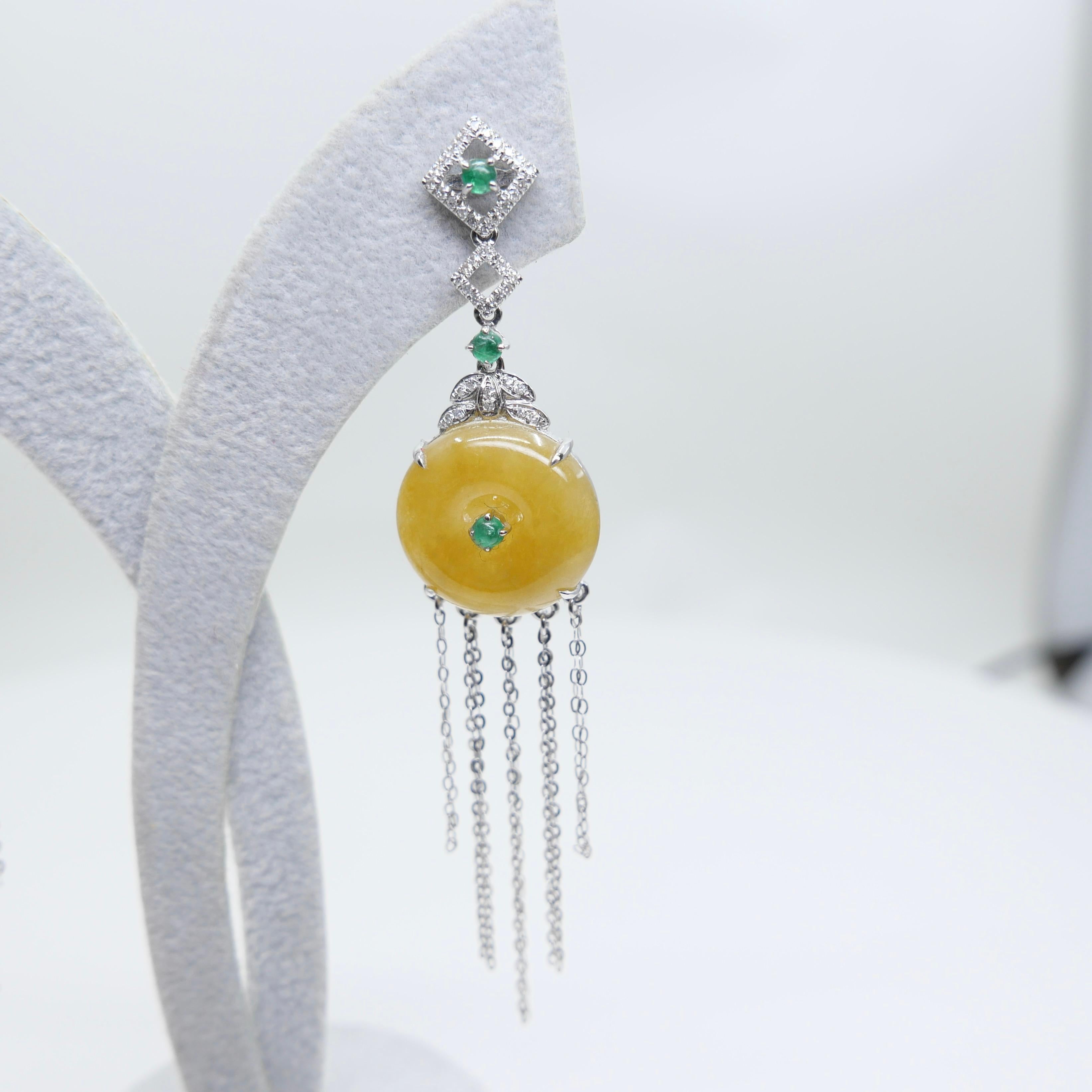 Certified yellow Icy Jade Discs, Emeralds & Diamond Drop Earrings. Rare color! For Sale 3