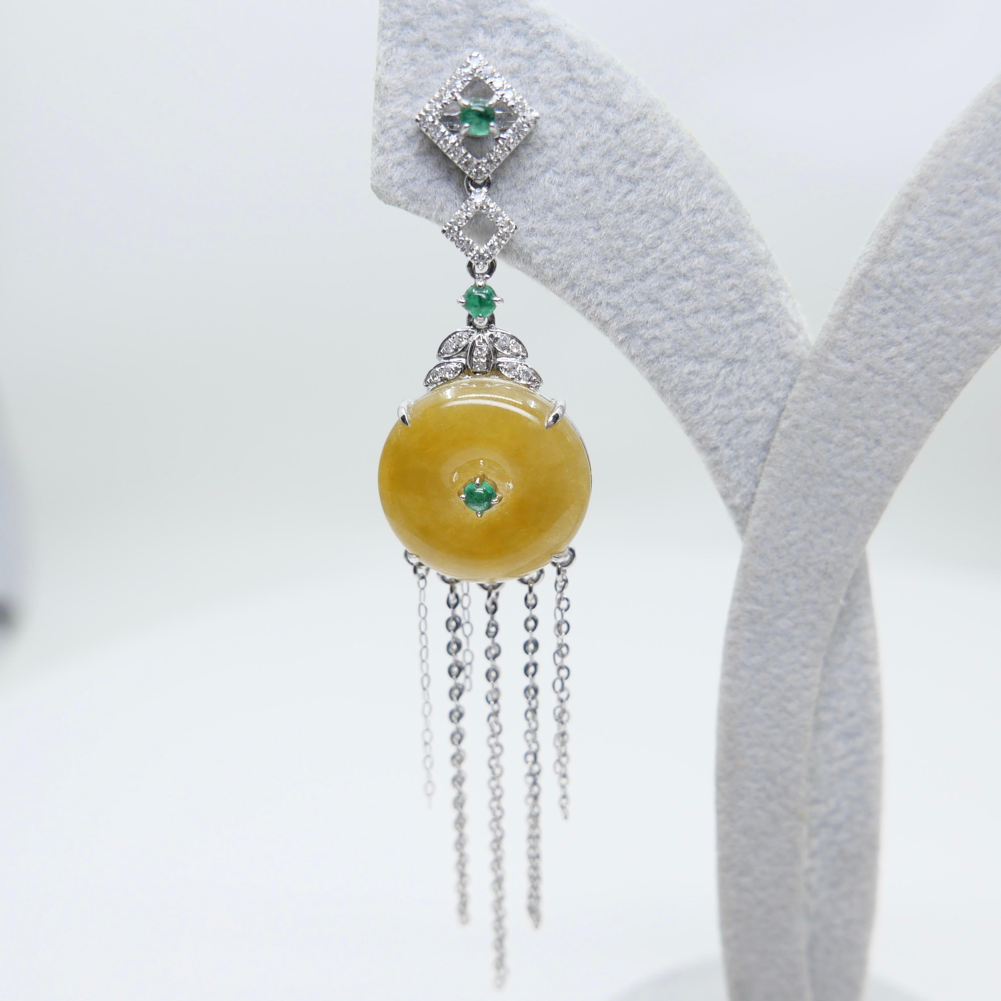Certified yellow Icy Jade Discs, Emeralds & Diamond Drop Earrings. Rare color! For Sale 4