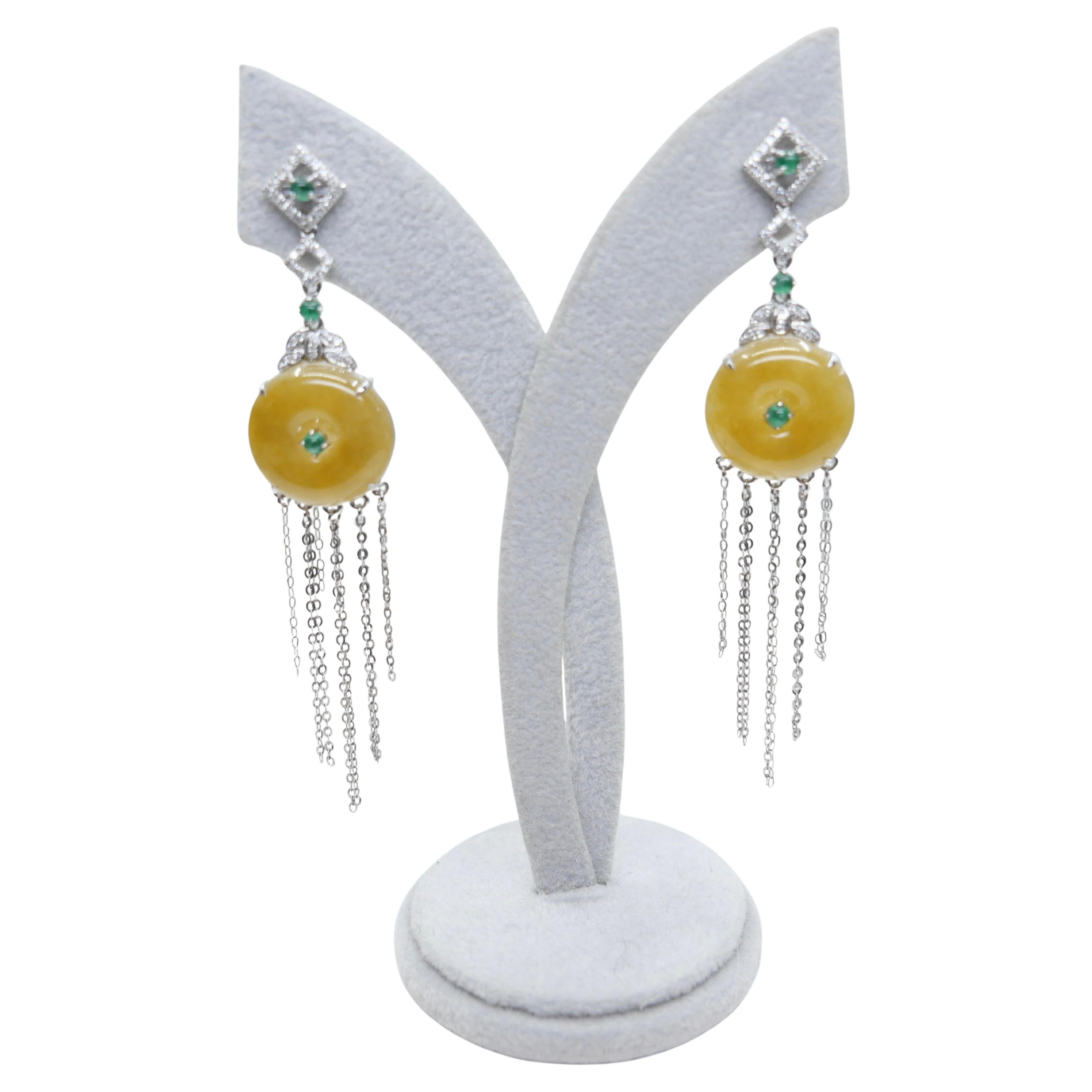 Certified yellow Icy Jade Discs, Emeralds & Diamond Drop Earrings. Rare color!