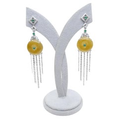 Certified yellow Icy Jade Discs, Emeralds & Diamond Drop Earrings. Rare color!