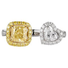 Certified Yellow Square Cushion Diamond and Heart Cut Diamond Toi et Moi Ring