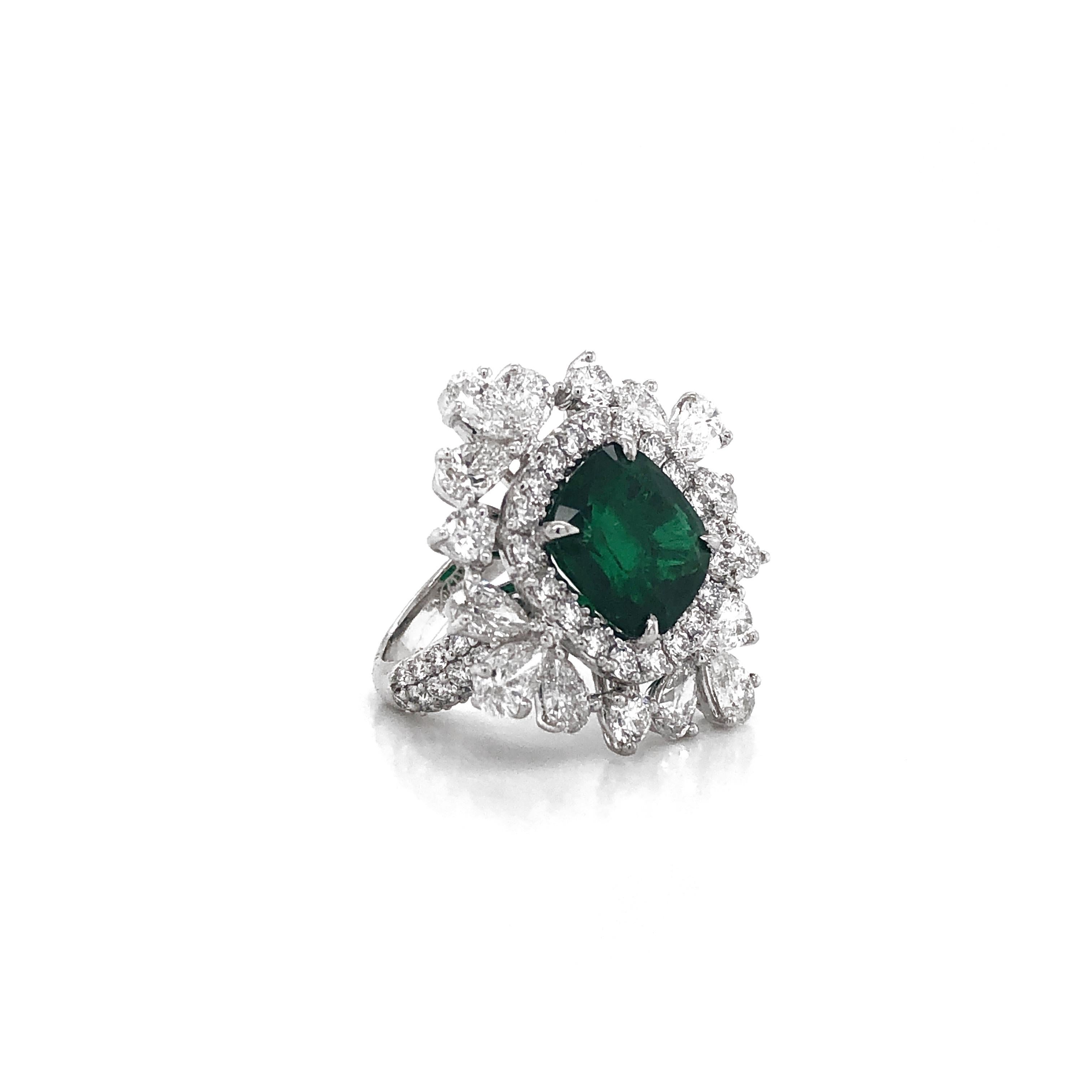 Contemporary Certified Zambian Cushion Cut Emerald 4.65 Carat Diamond Platinum Cocktail Ring For Sale