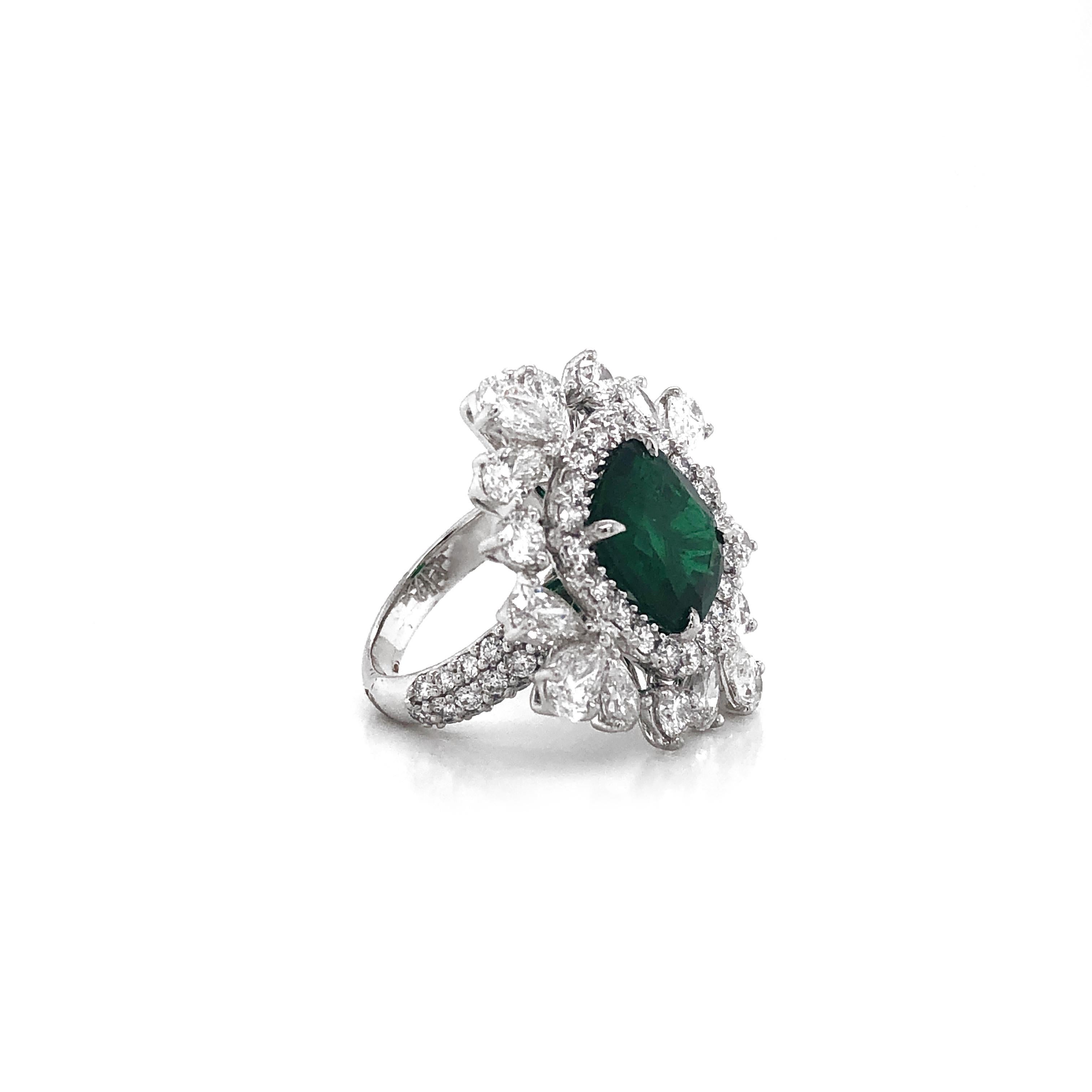Certified Zambian Cushion Cut Emerald 4.65 Carat Diamond Platinum Cocktail Ring In New Condition For Sale In New York, NY