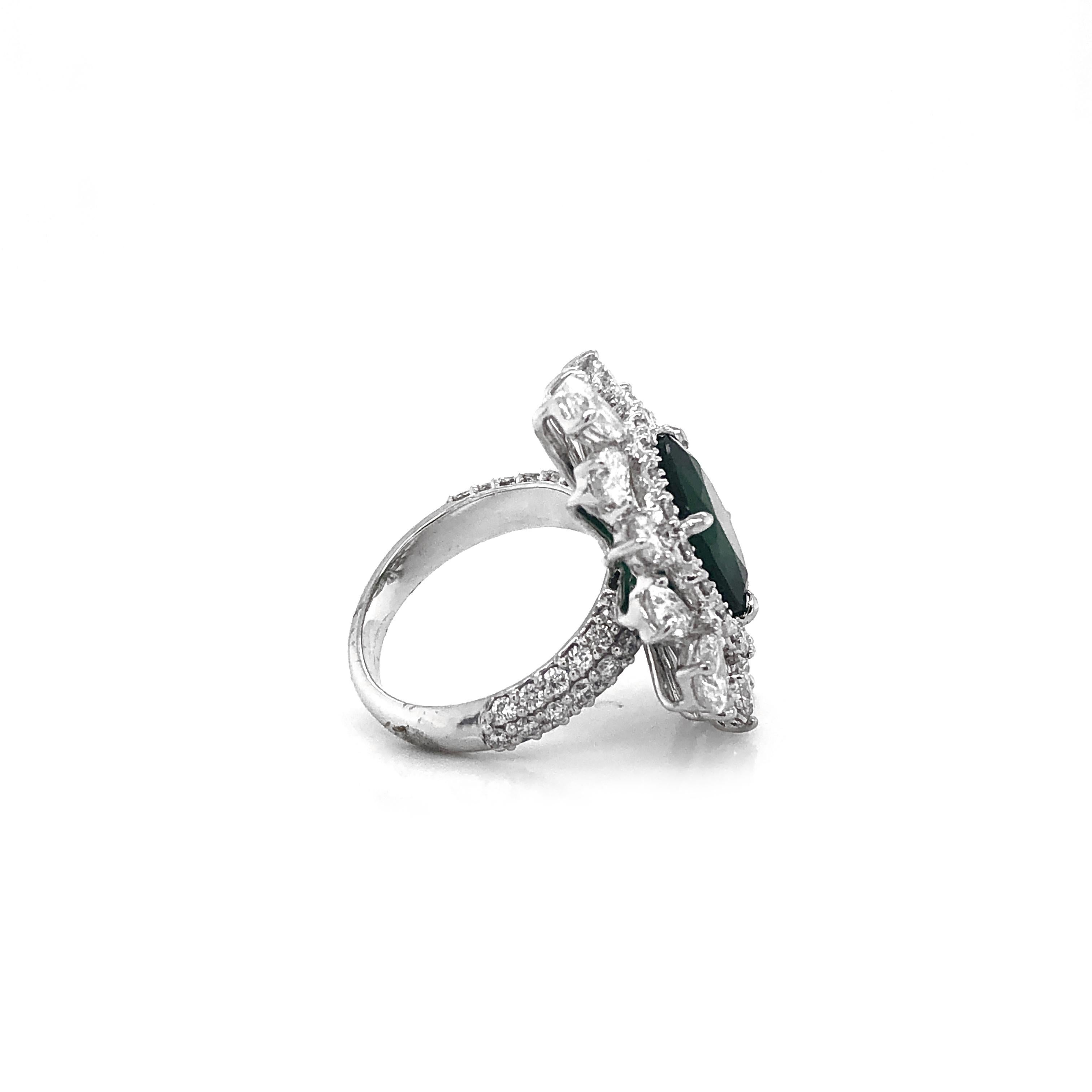 Women's Certified Zambian Cushion Cut Emerald 4.65 Carat Diamond Platinum Cocktail Ring For Sale