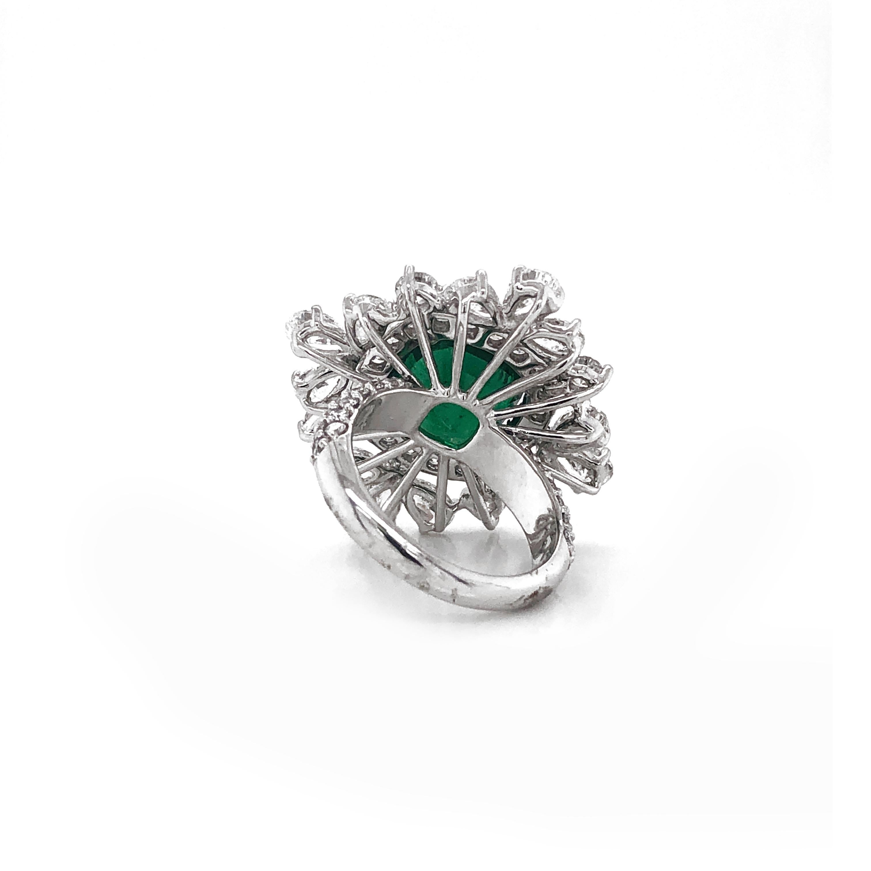 Certified Zambian Cushion Cut Emerald 4.65 Carat Diamond Platinum Cocktail Ring For Sale 1