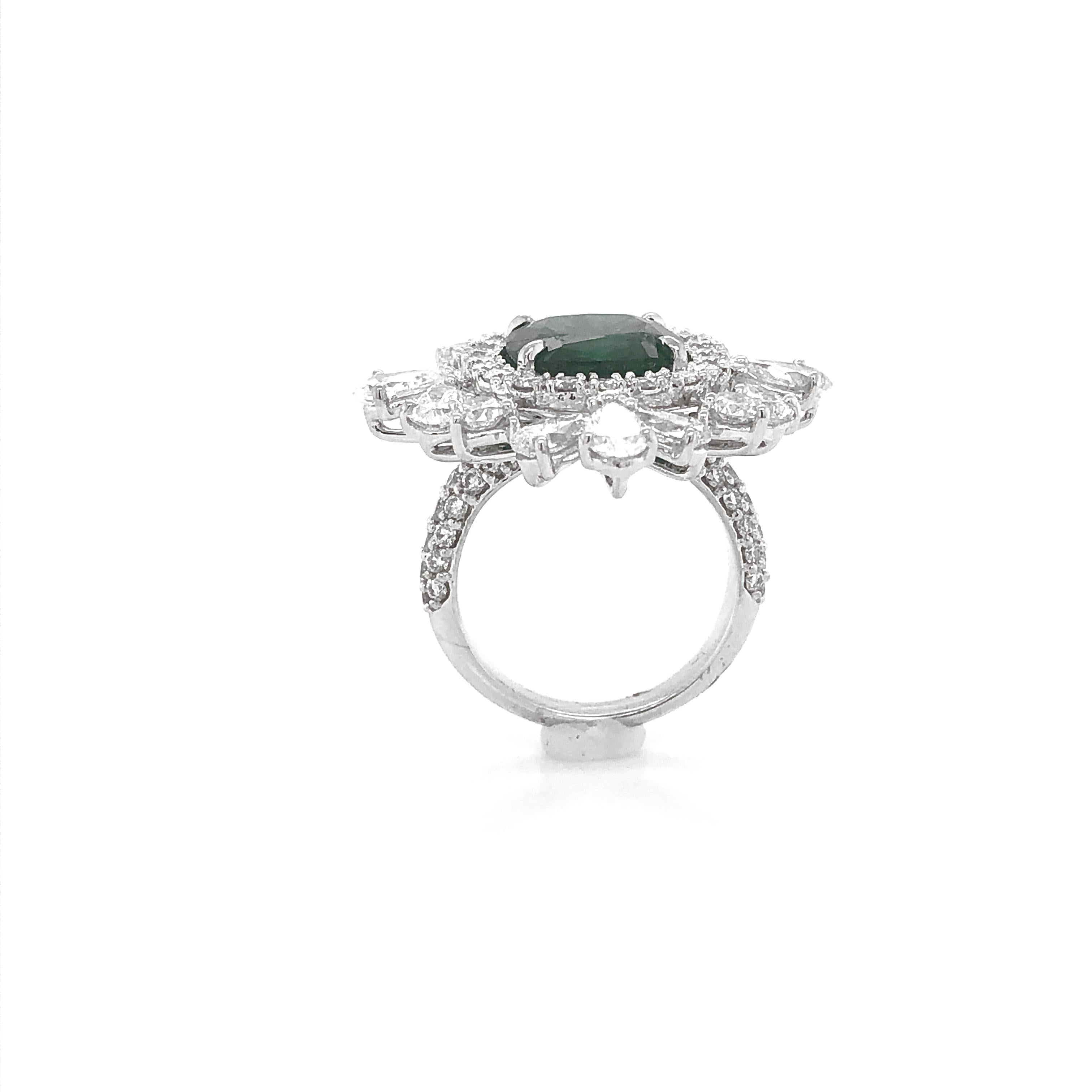 Certified Zambian Cushion Cut Emerald 4.65 Carat Diamond Platinum Cocktail Ring For Sale 2