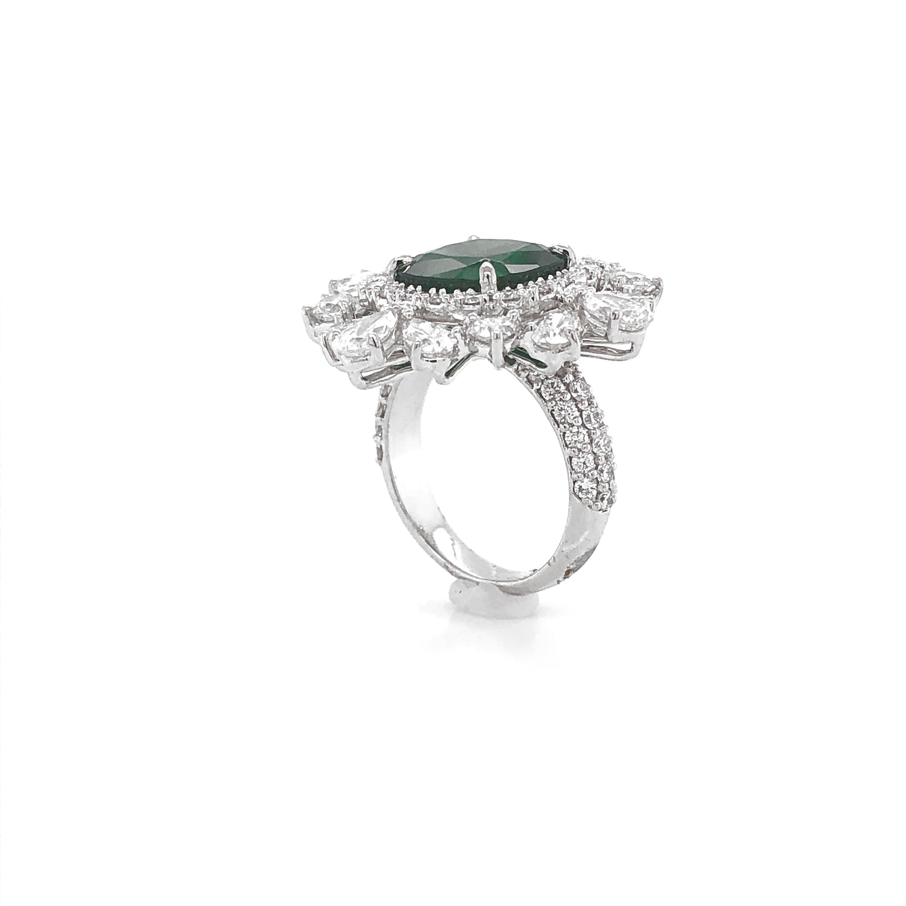 Certified Zambian Cushion Cut Emerald 4.65 Carat Diamond Platinum Cocktail Ring For Sale 3