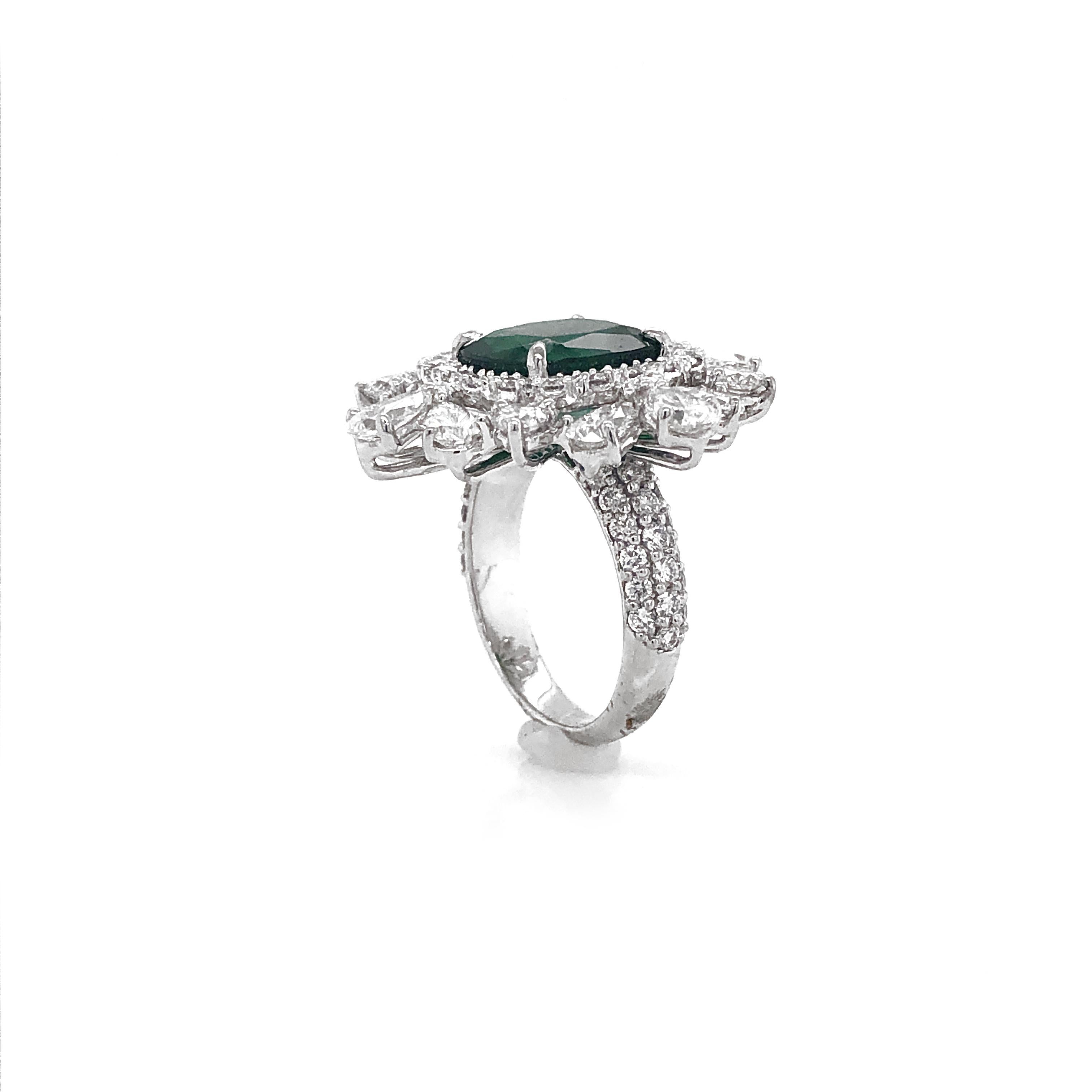 Certified Zambian Cushion Cut Emerald 4.65 Carat Diamond Platinum Cocktail Ring For Sale 4