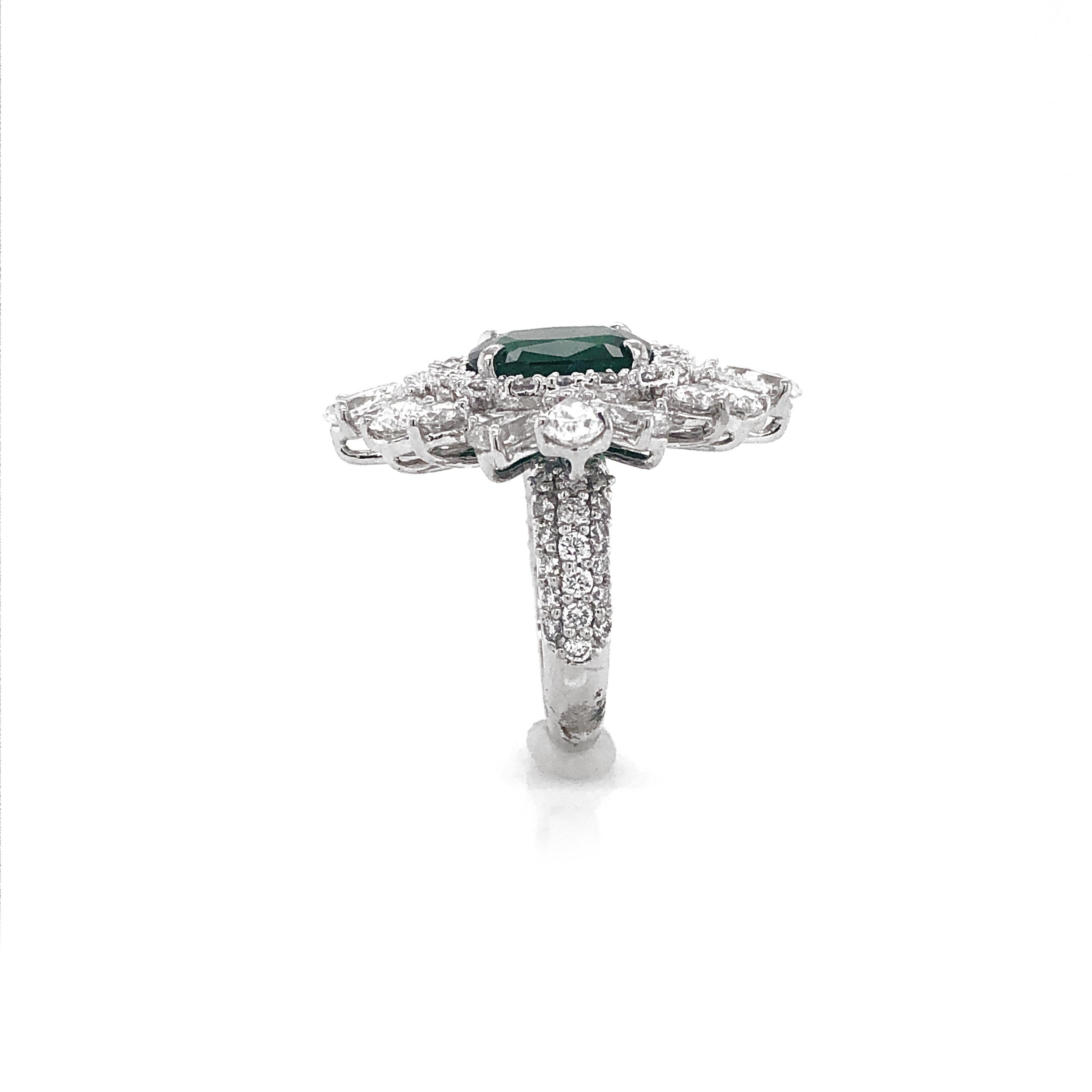 Certified Zambian Cushion Cut Emerald 4.65 Carat Diamond Platinum Cocktail Ring For Sale 5