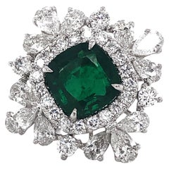 Certified Zambian Cushion Cut Emerald 4.65 Carat Diamond Platinum Cocktail Ring