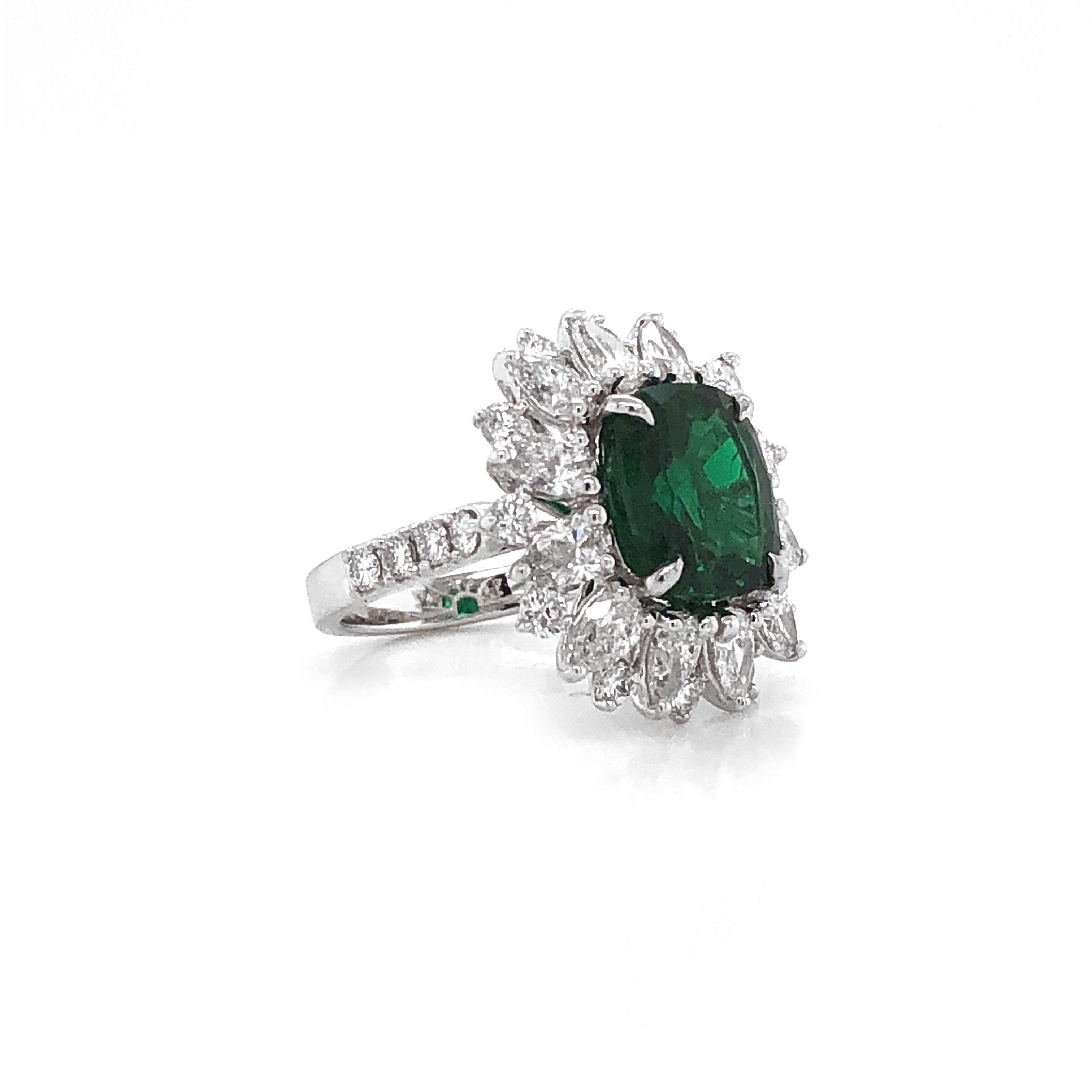 Contemporary Certified Zambian Cushion Cut Emerald 3.13 Carat Diamond Platinum Cocktail Ring For Sale