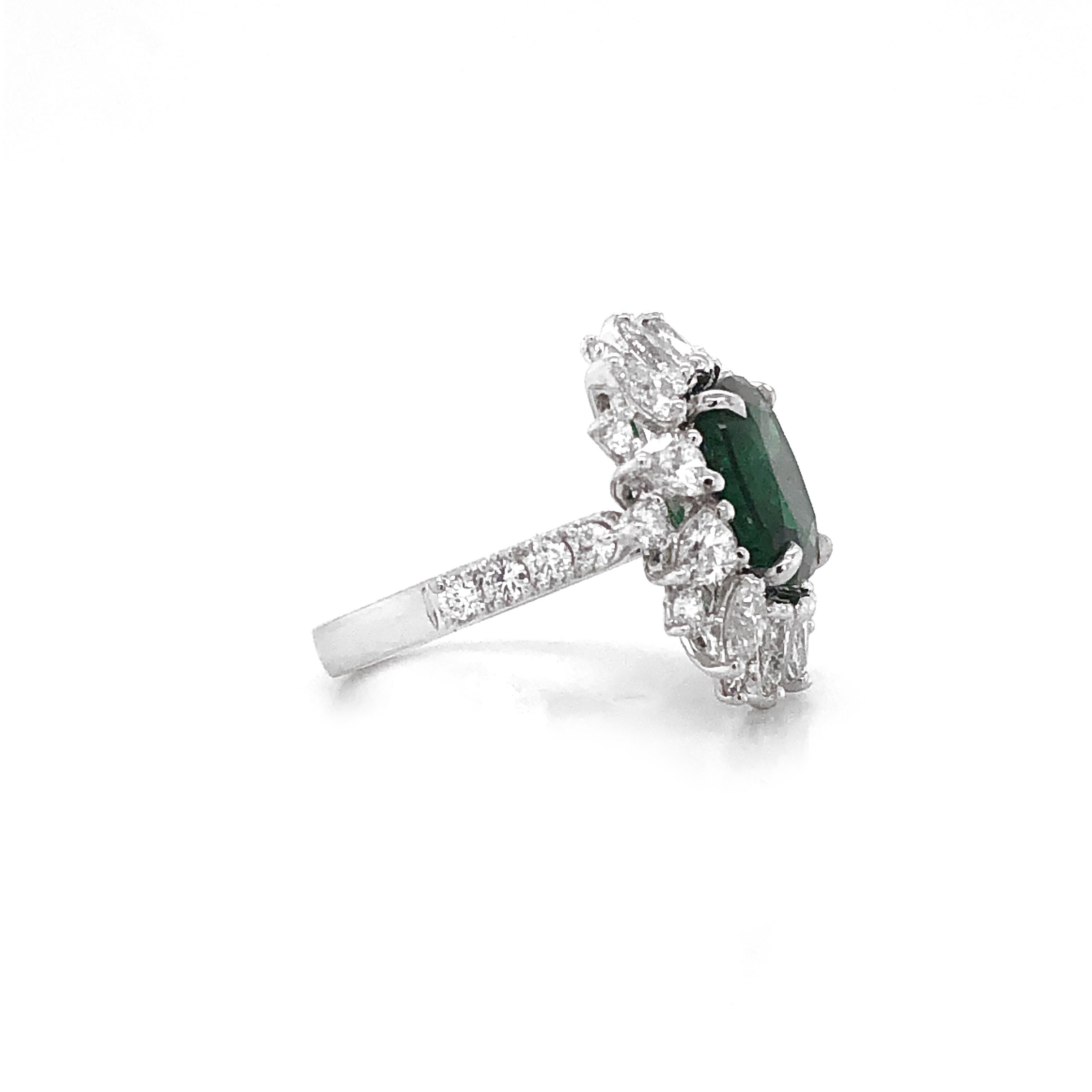 Certified Zambian Cushion Cut Emerald 3.13 Carat Diamond Platinum Cocktail Ring In New Condition For Sale In New York, NY