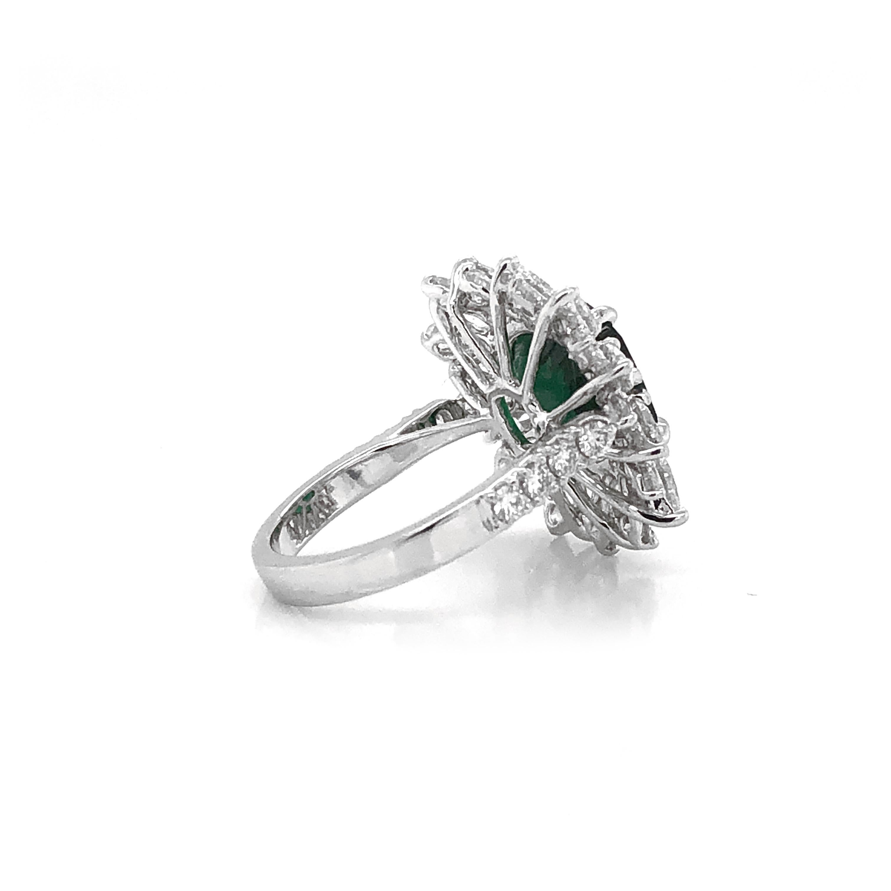 Women's Certified Zambian Cushion Cut Emerald 3.13 Carat Diamond Platinum Cocktail Ring For Sale