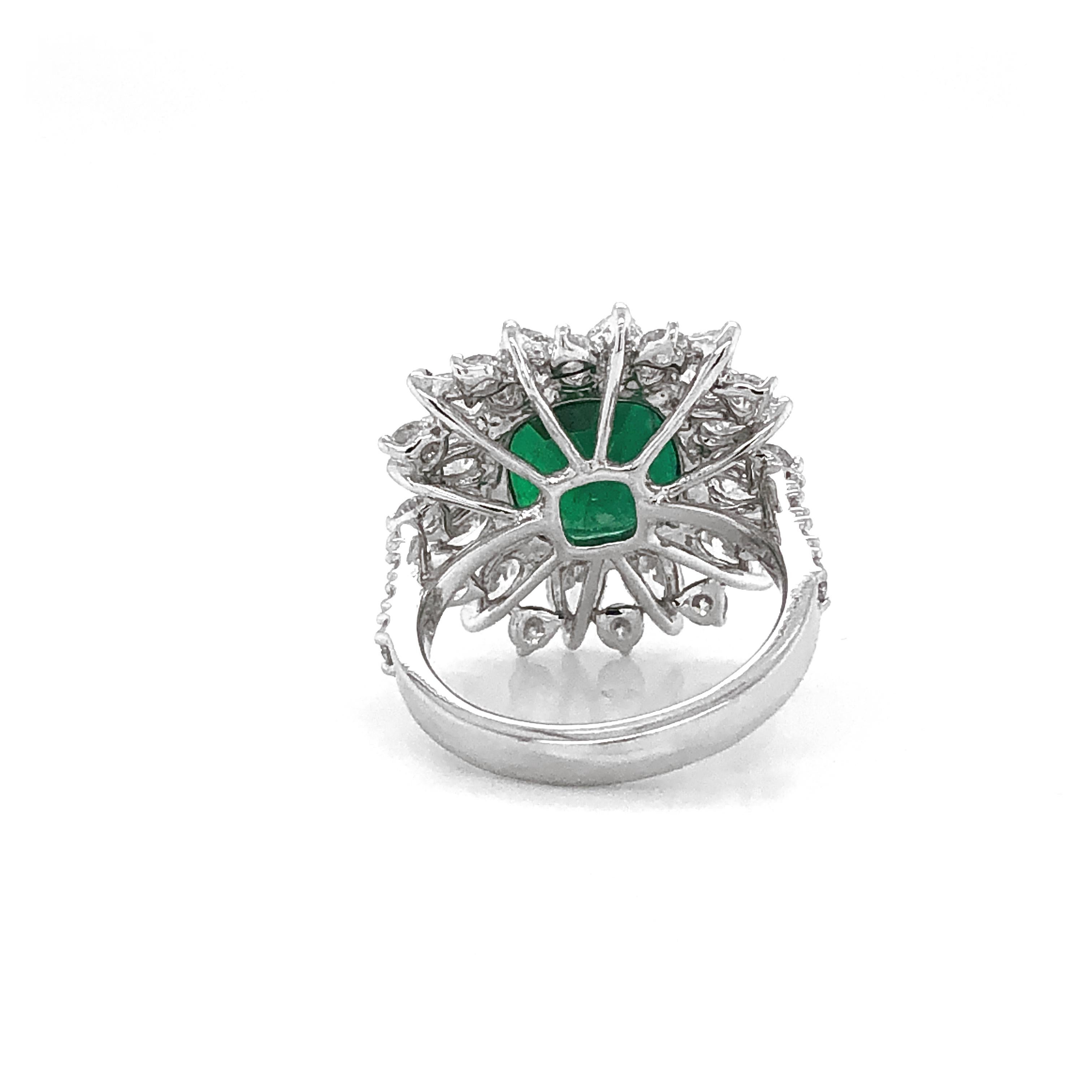Certified Zambian Cushion Cut Emerald 3.13 Carat Diamond Platinum Cocktail Ring For Sale 1