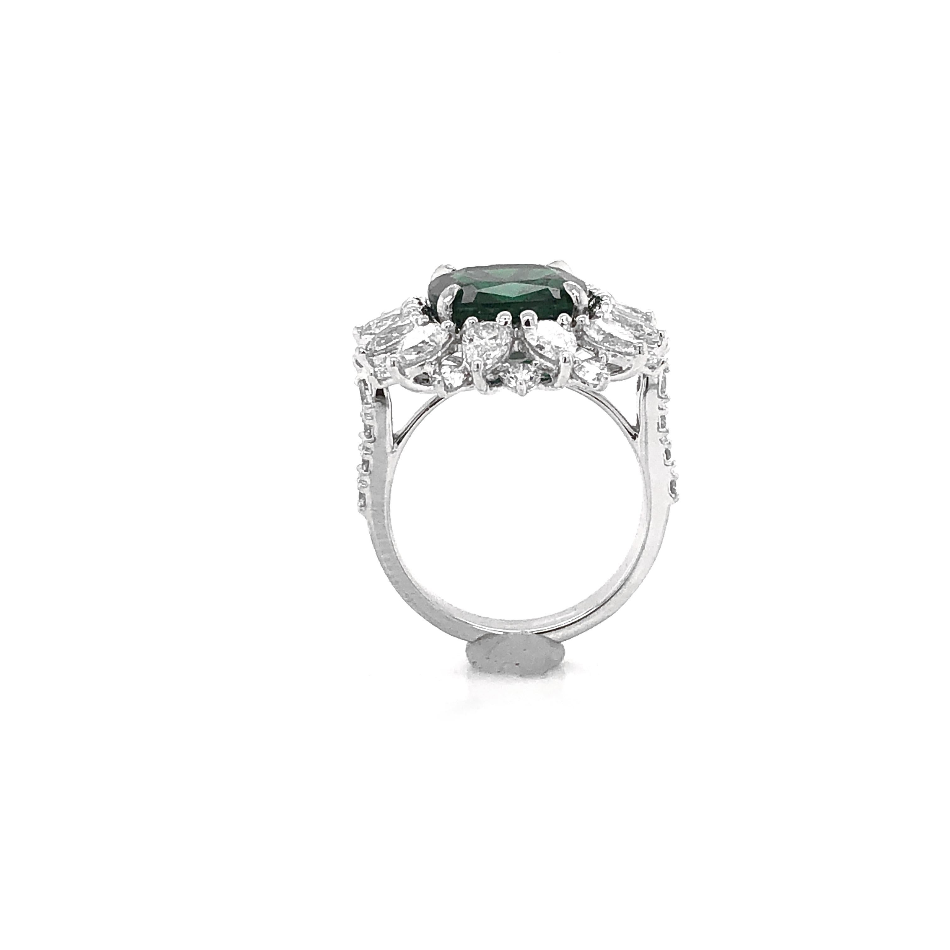 Certified Zambian Cushion Cut Emerald 3.13 Carat Diamond Platinum Cocktail Ring For Sale 2