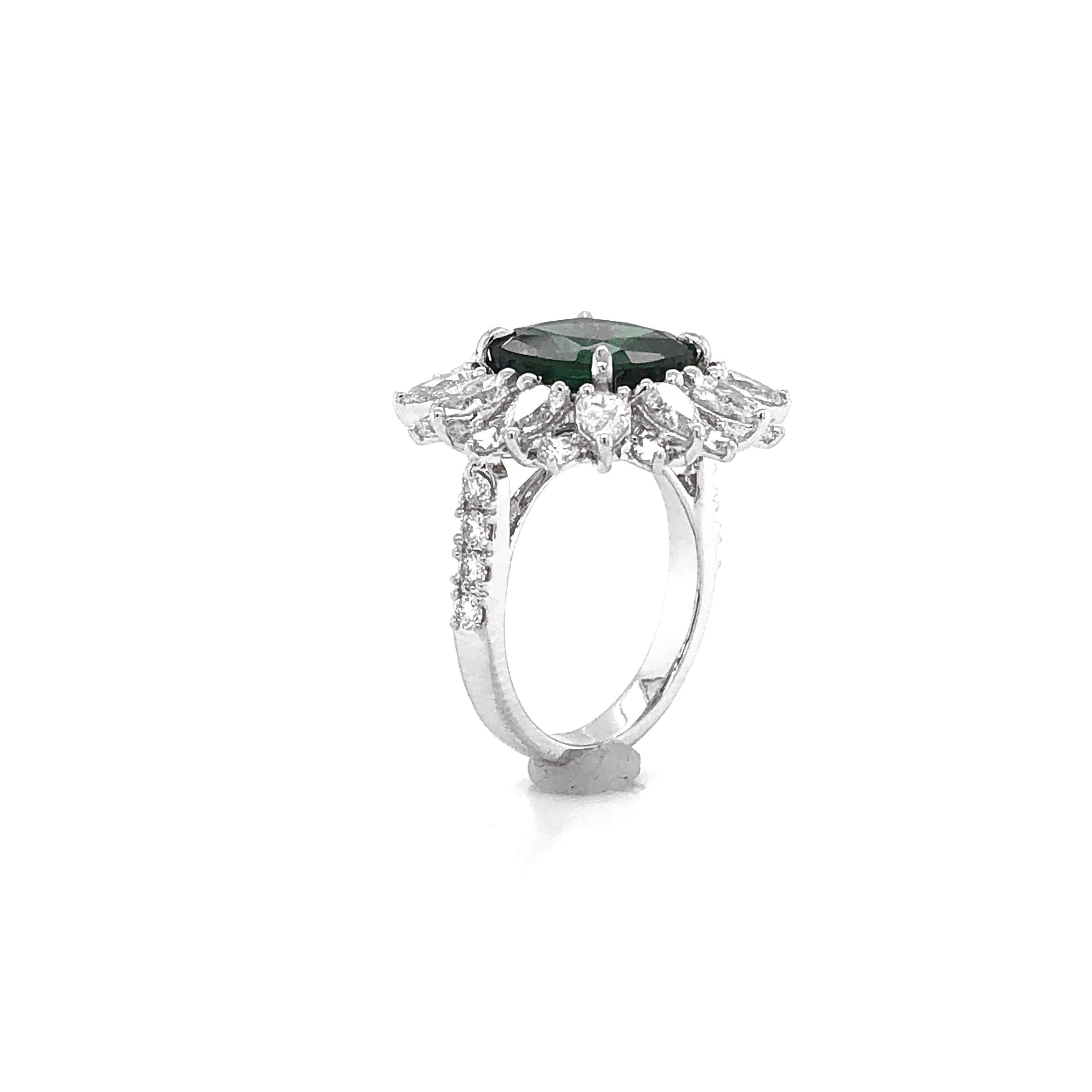 Certified Zambian Cushion Cut Emerald 3.13 Carat Diamond Platinum Cocktail Ring For Sale 3