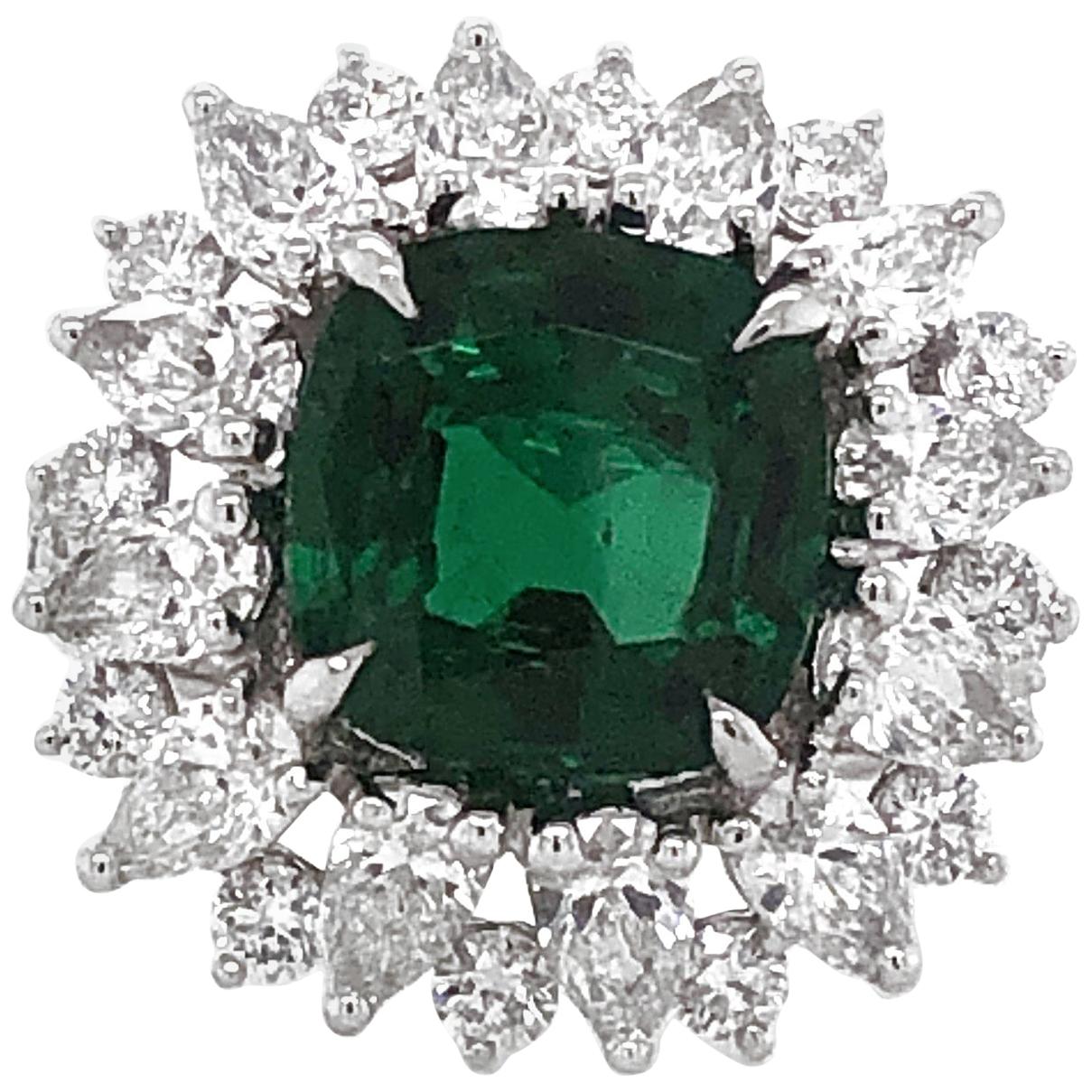 Certified Zambian Cushion Cut Emerald 3.13 Carat Diamond Platinum Cocktail Ring For Sale