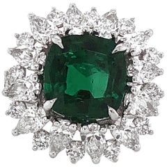 Certified Zambian Cushion Cut Emerald 3.13 Carat Diamond Platinum Cocktail Ring