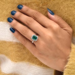 Certified Zambian Emerald Diamond Halo Engagement Ring 18k Solid White Gold