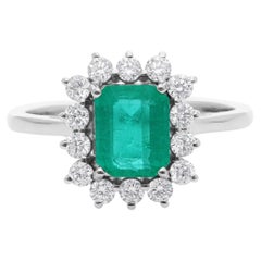 Anillo de compromiso con halo de diamantes esmeralda de Zambia certificados Oro blanco macizo de 18k