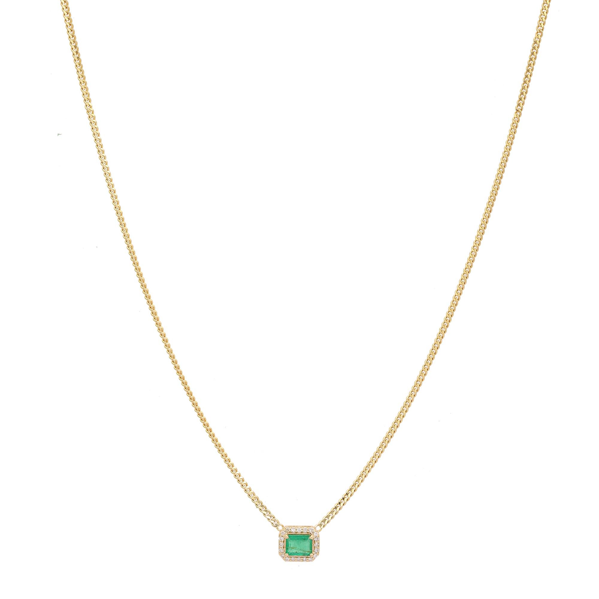 Modern Certified Zambian Emerald & Diamond Pendant Necklace in Solid 14k Yellow Gold For Sale